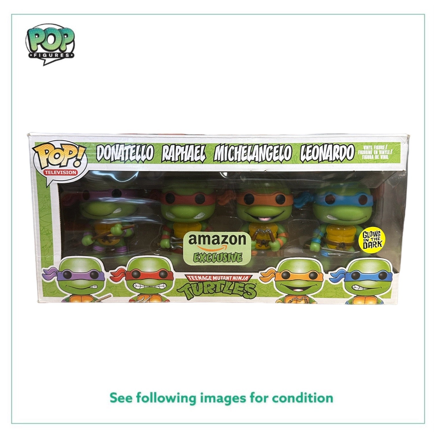 Glow-in-the-dark Ninja Turtles Funko Pop! 4-pack, Amazon exclusive, rated 6/10, a must-have for TMNT fans!