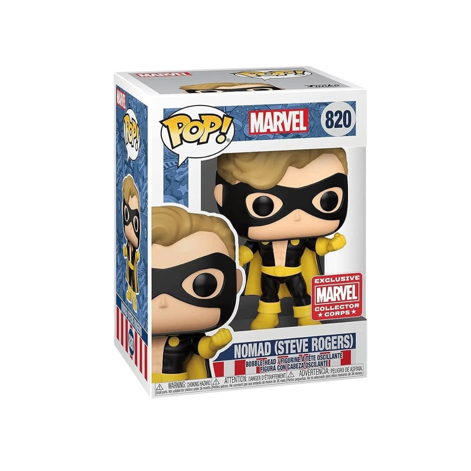 Marvel Nomad Steve Rogers wearing a black and yellow superhero outfit and cape.