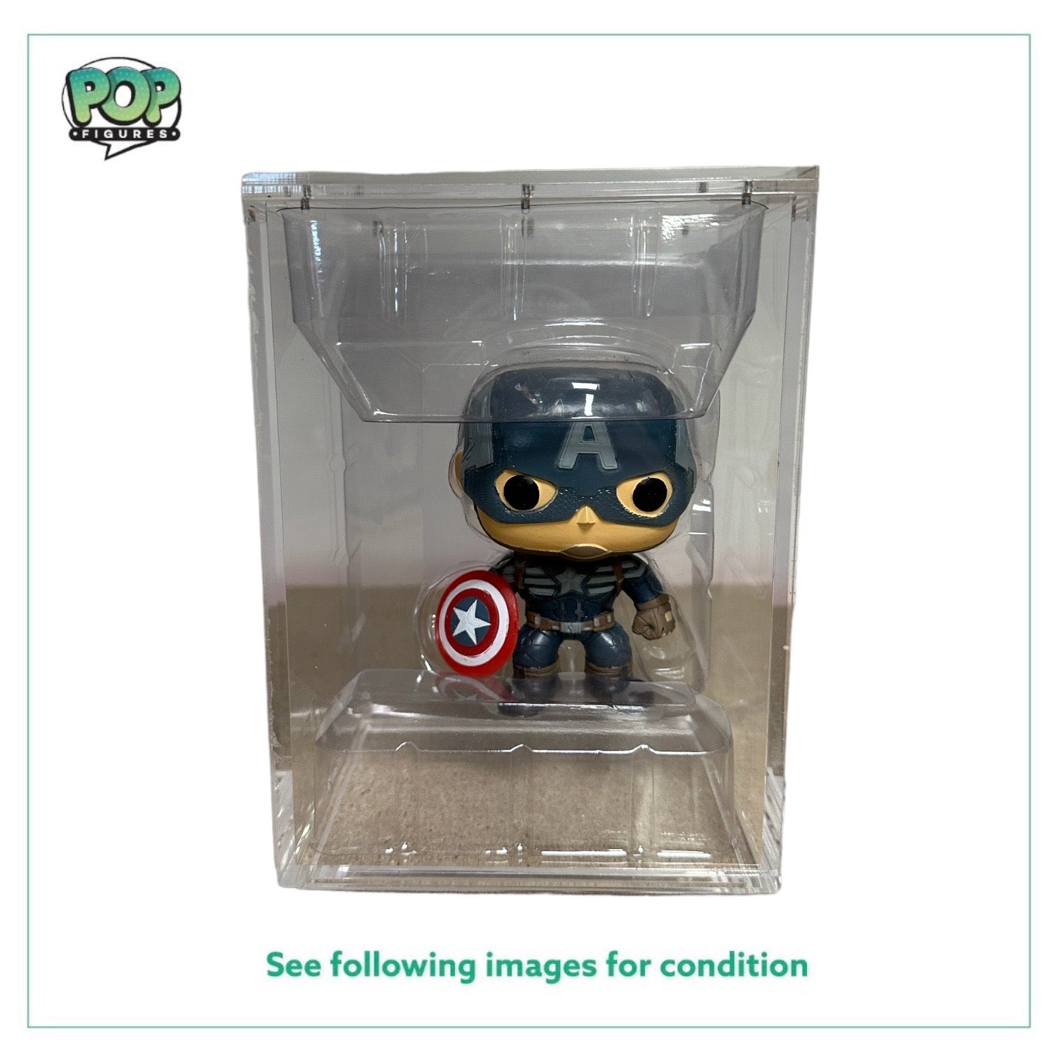 Glow-in-the-dark Captain America #41 Funko Pop! from The Winter Soldier, exclusive to Hot Topic, displayed out of the box.