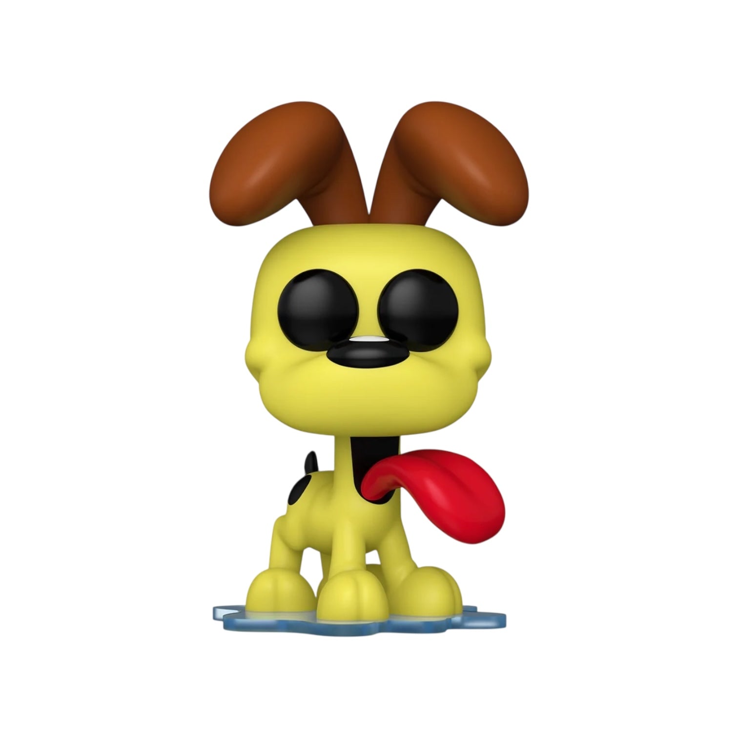 Yellow cartoon character figurine with brown ears and red tongue on a white background