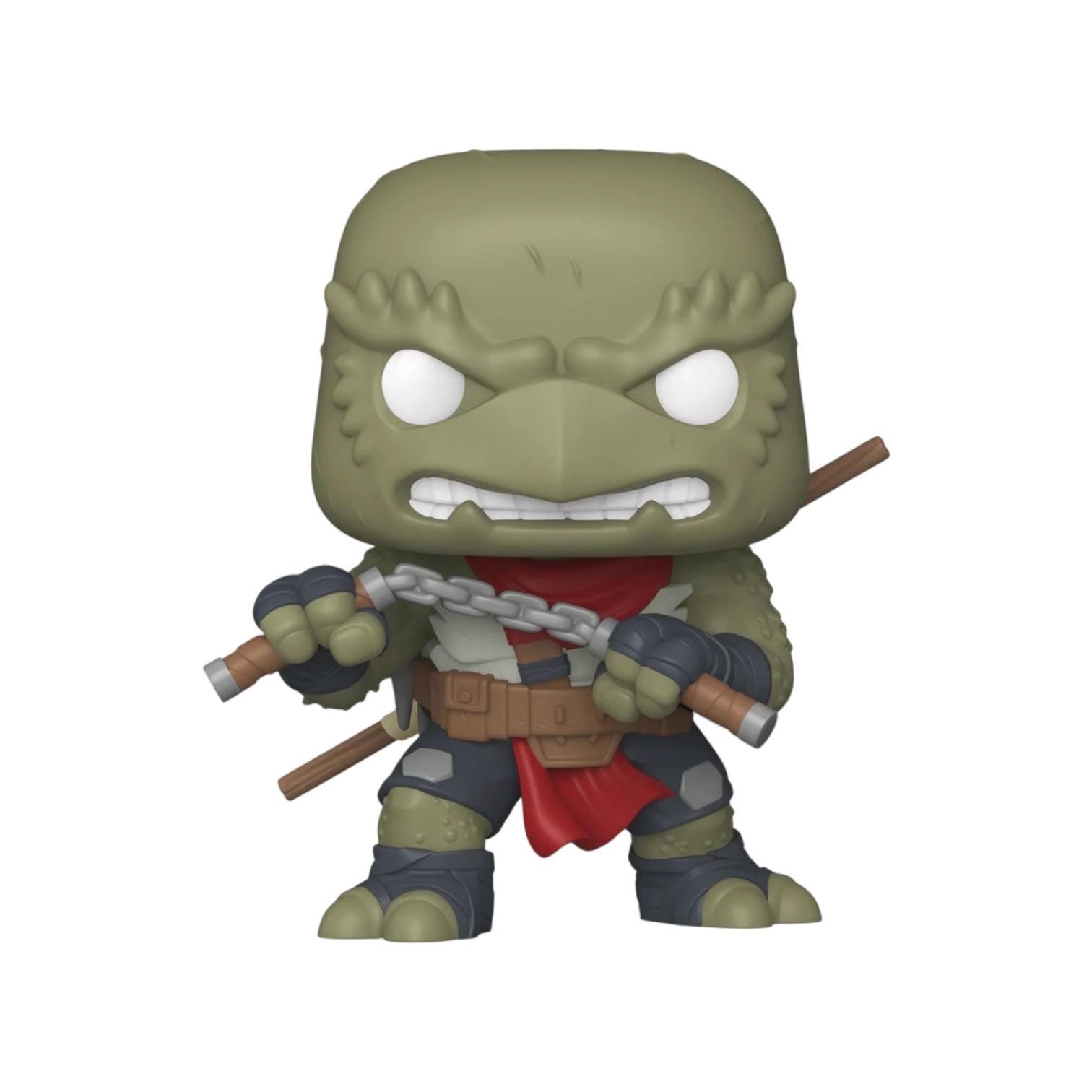 Green turtle-like figure with a red cloth and chain weapon on a white background