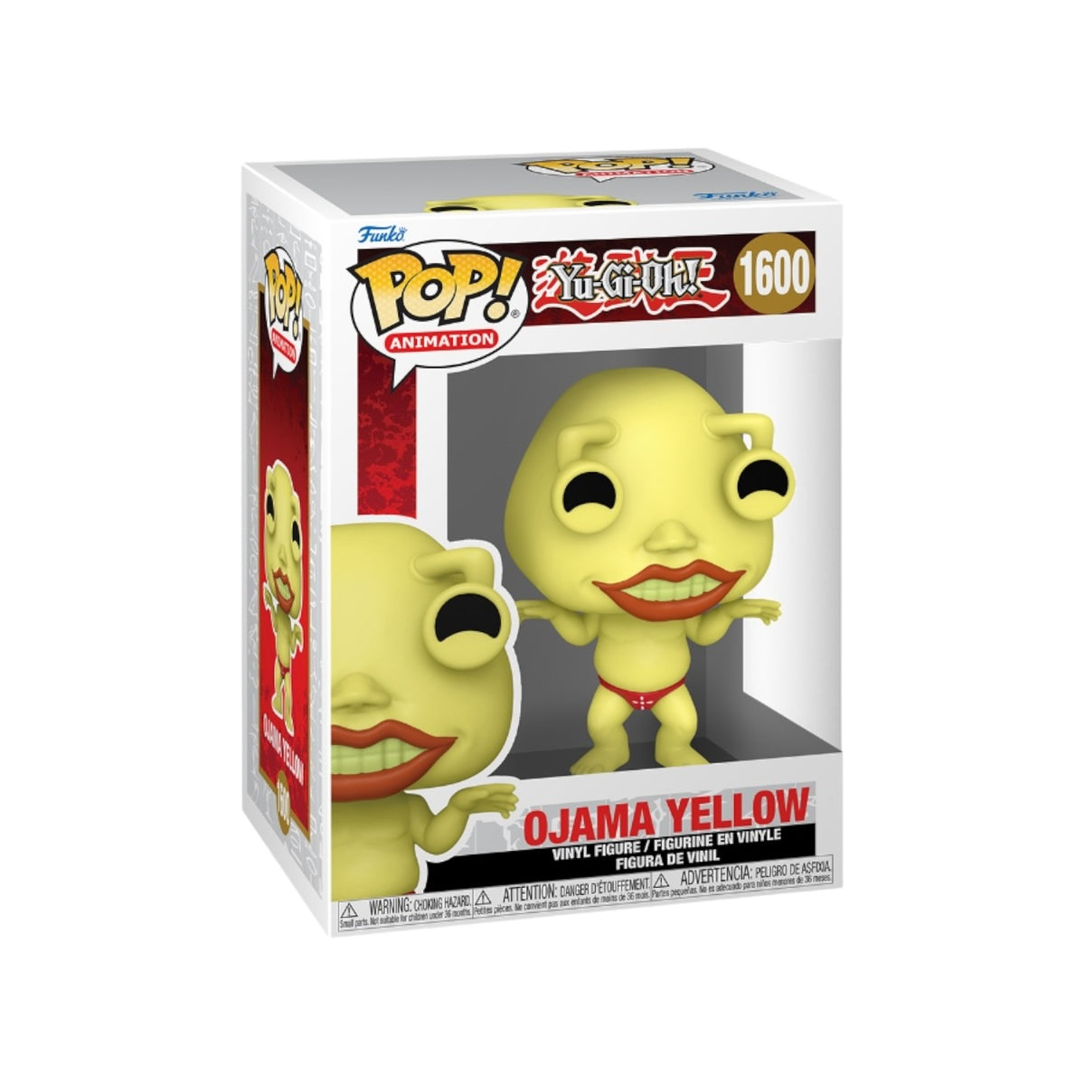 A Funko Pop! vinyl figure of Ojama Yellow #1600 from Yu-Gi-Oh! placed in its white box with clear front.