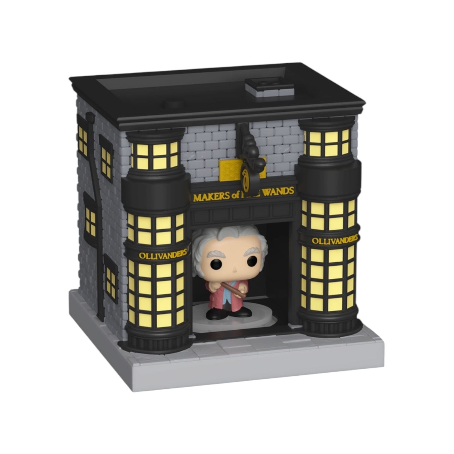 Funko Pop! figure inside a Ollivander's wand shop display case with 'Makers of Magic' text.