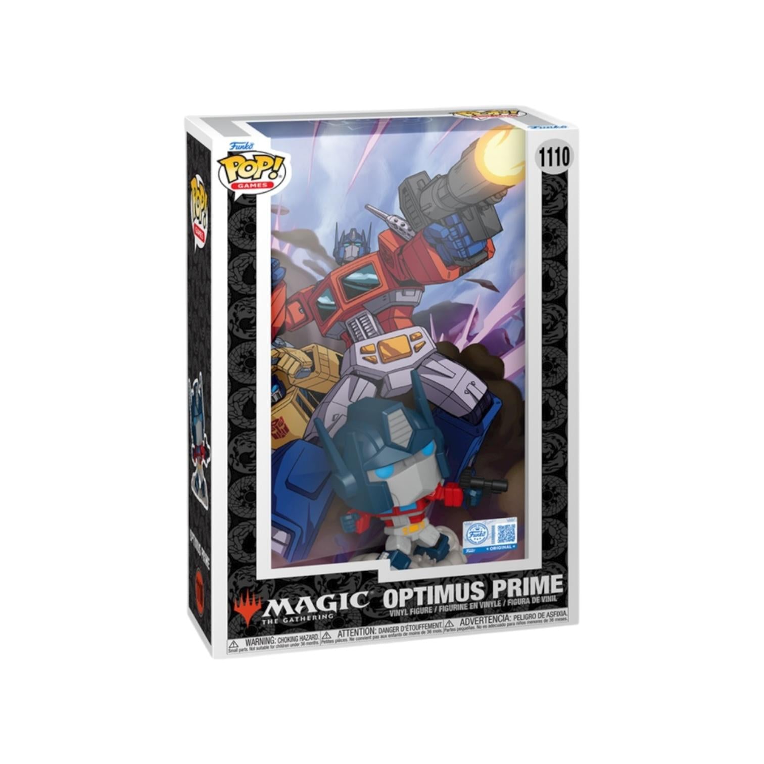 Pop! Vinyl box featuring Optimus Prime from Transformers with Magic: The Gathering branding.