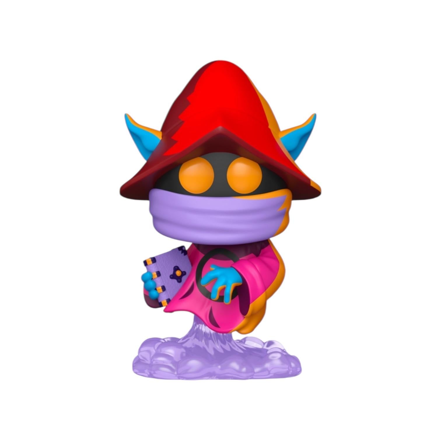 Colourful figurine with a red hat and purple body on a white background