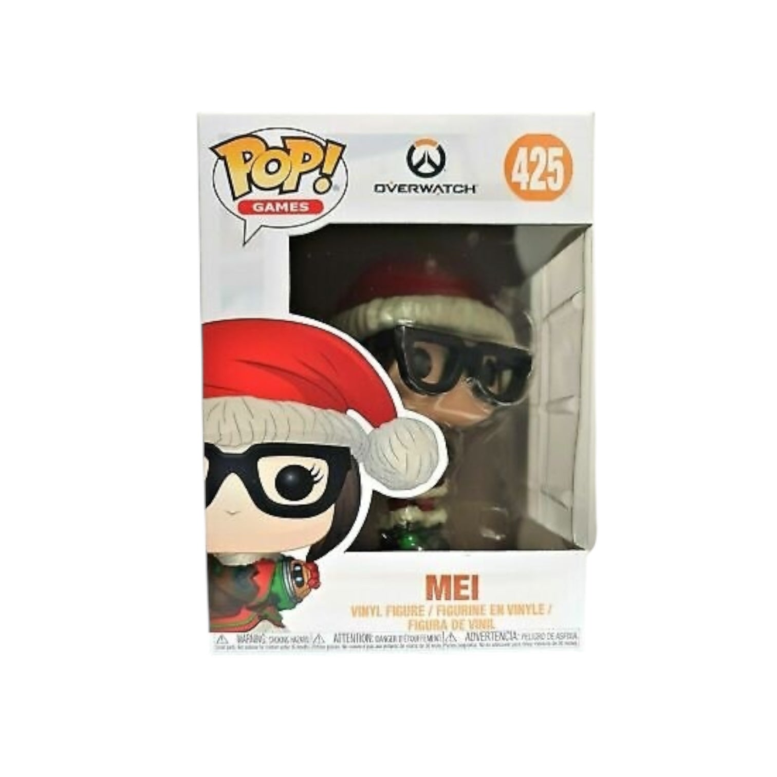 Mei dressed in a Santa outfit and a Santa hat wearing black glasses.