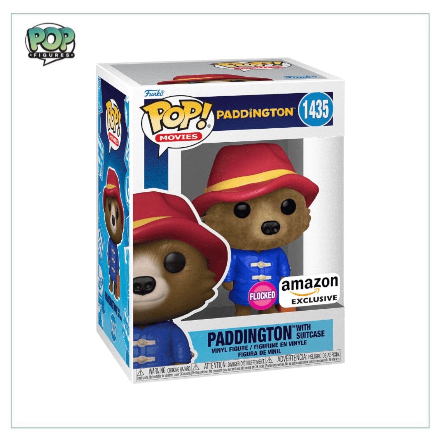Flocked Paddington Bear Funko Pop! with suitcase, an Amazon Exclusive collectible figure, showcasing his iconic style.
