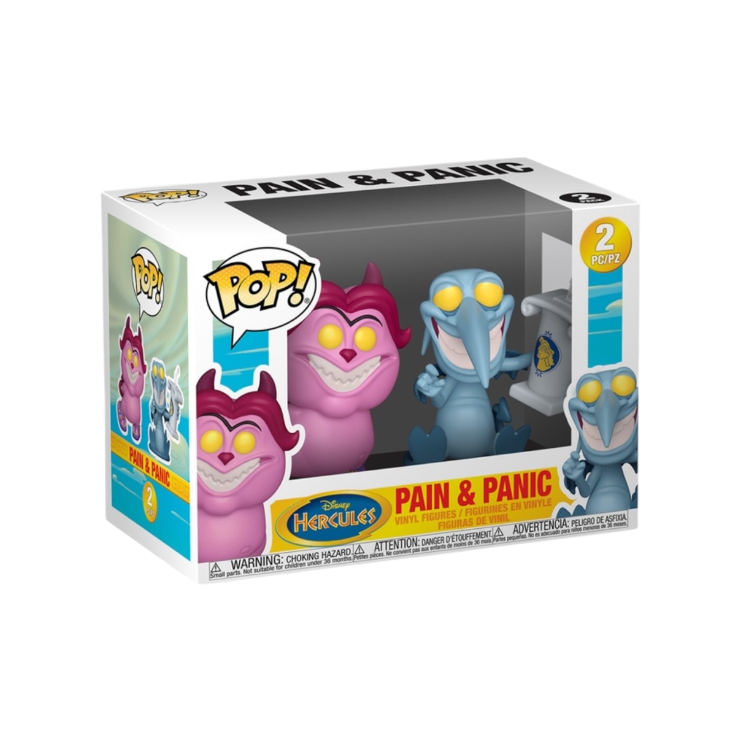 Funko Pop! 2-pack featuring Pain and Panic from Disney's Hercules, showcasing their playful and mischievous designs.