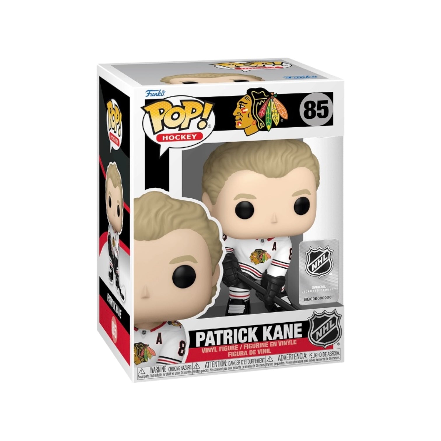 Funko Pop! figure of Patrick Kane, wearing his road jersey, number 85, representing the NHL.