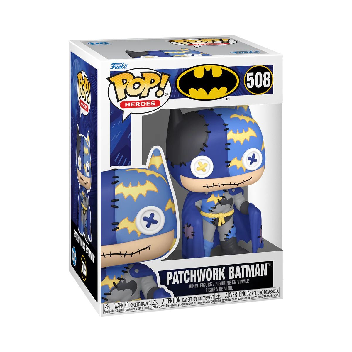 Funko Pop! figure of Patchwork Batman #508, featuring a colorful, quilted design and classic Batman pose.