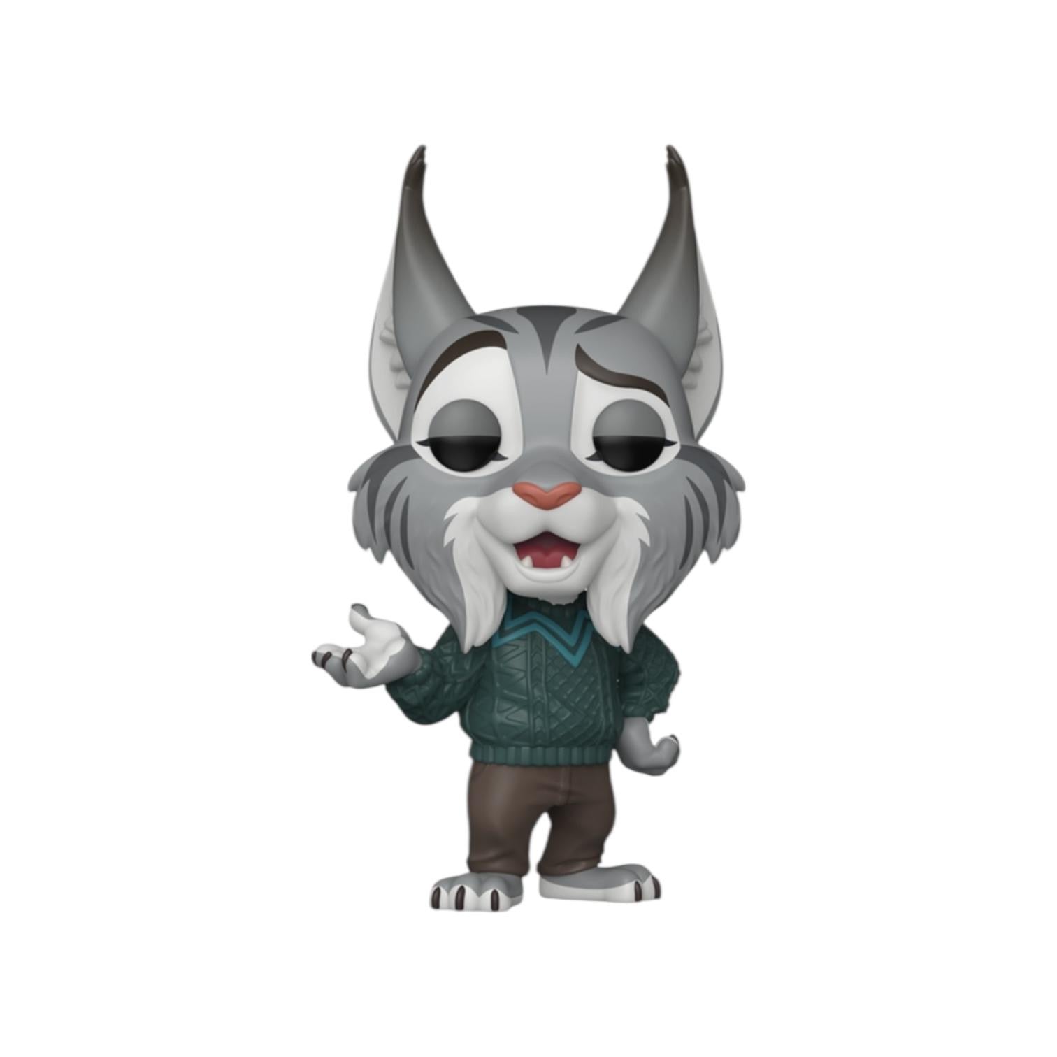 Animated character figure with gray fur, white face, and wearing a green sweater on a white background