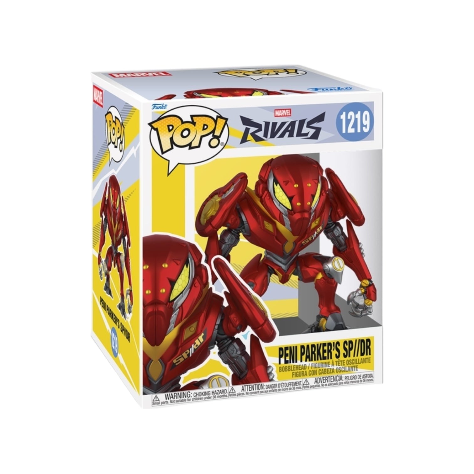 Funko Pop! Marvel Rivals action figure packaging with red and yellow superhero design.