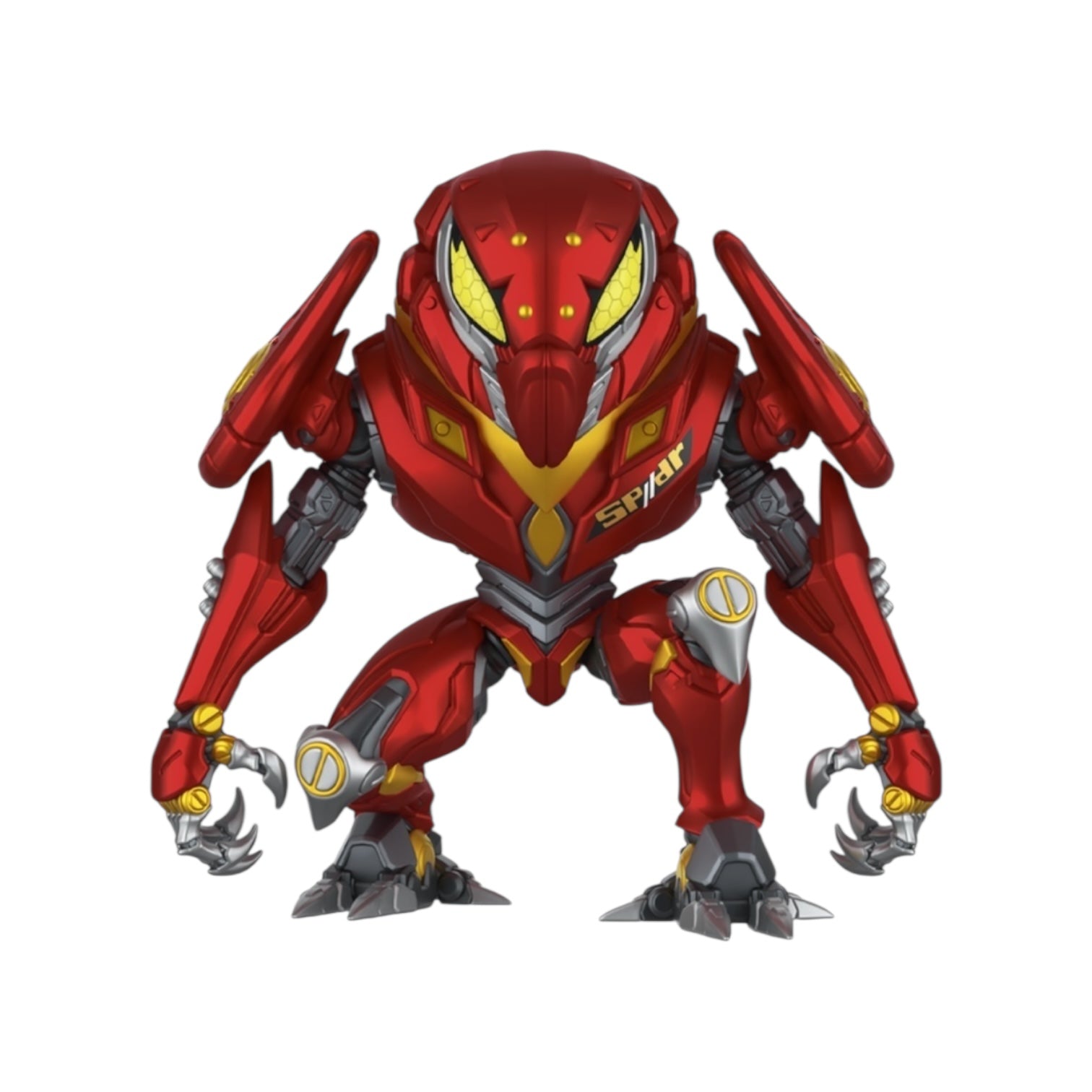 Red and gray robot figure with yellow accents on a white background