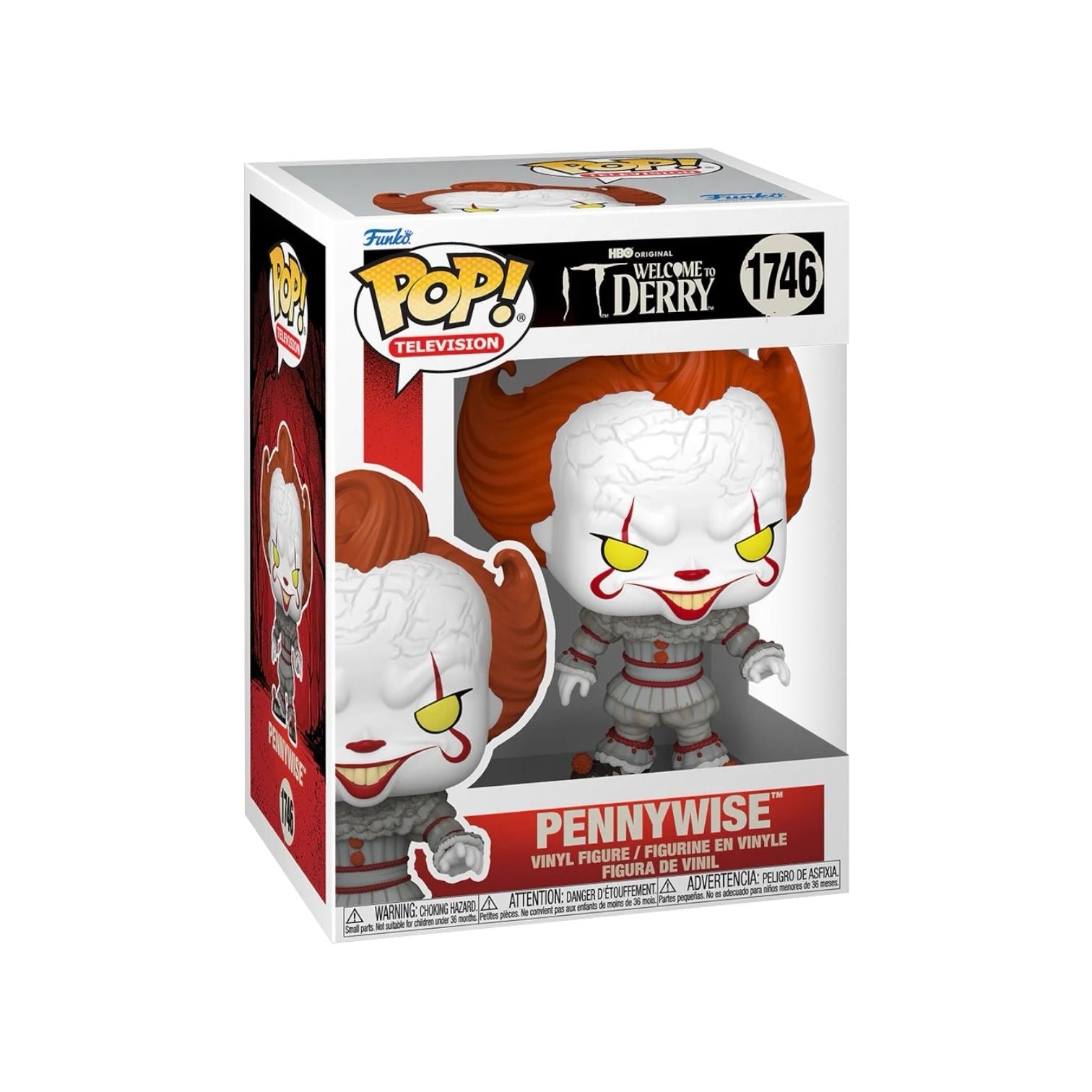 Funko Pop! vinyl figure packaging of Pennywise from It, with box design featuring character illustration.
