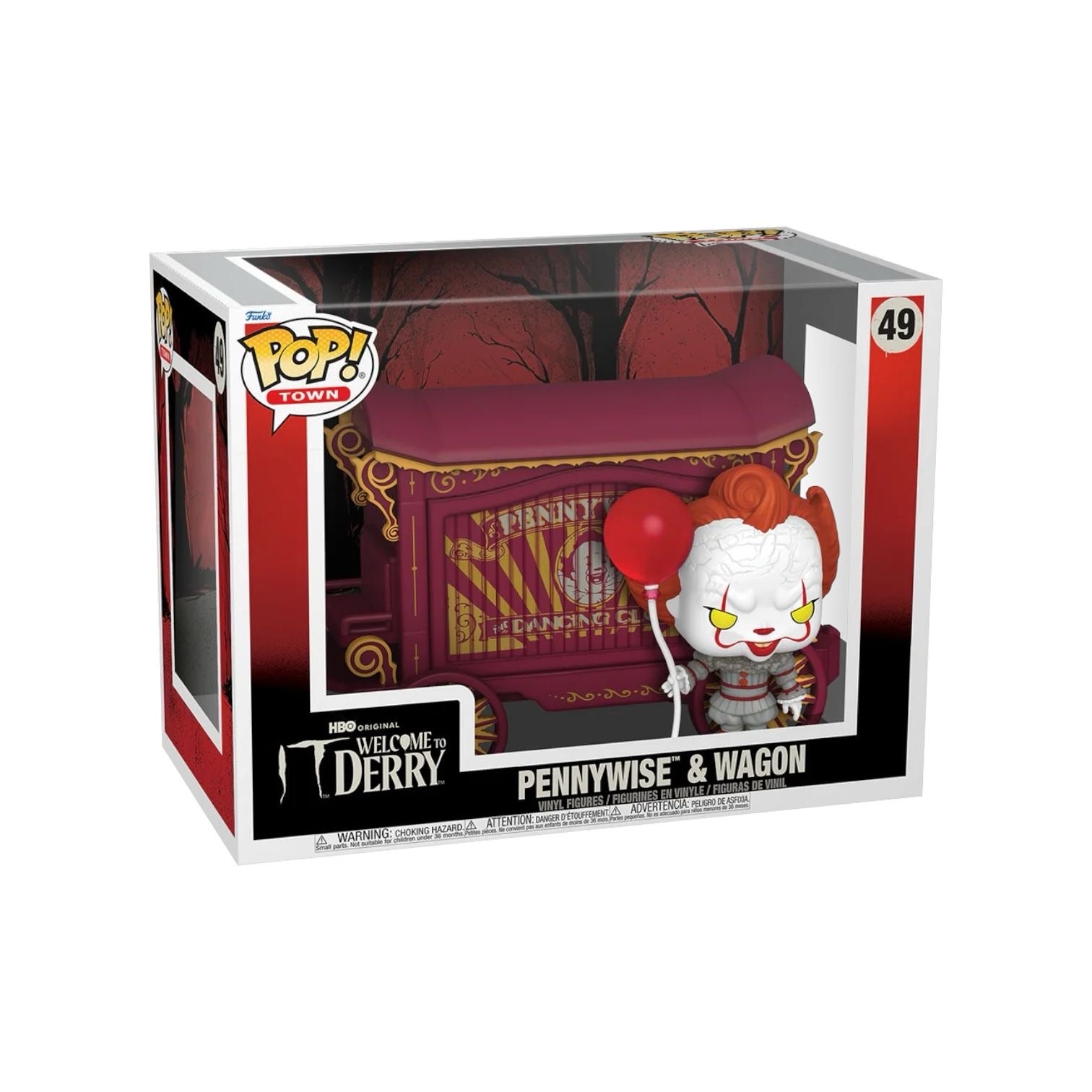 Funko Pop! vinyl figure packaging featuring Pennywise and a wagon from 'It'.