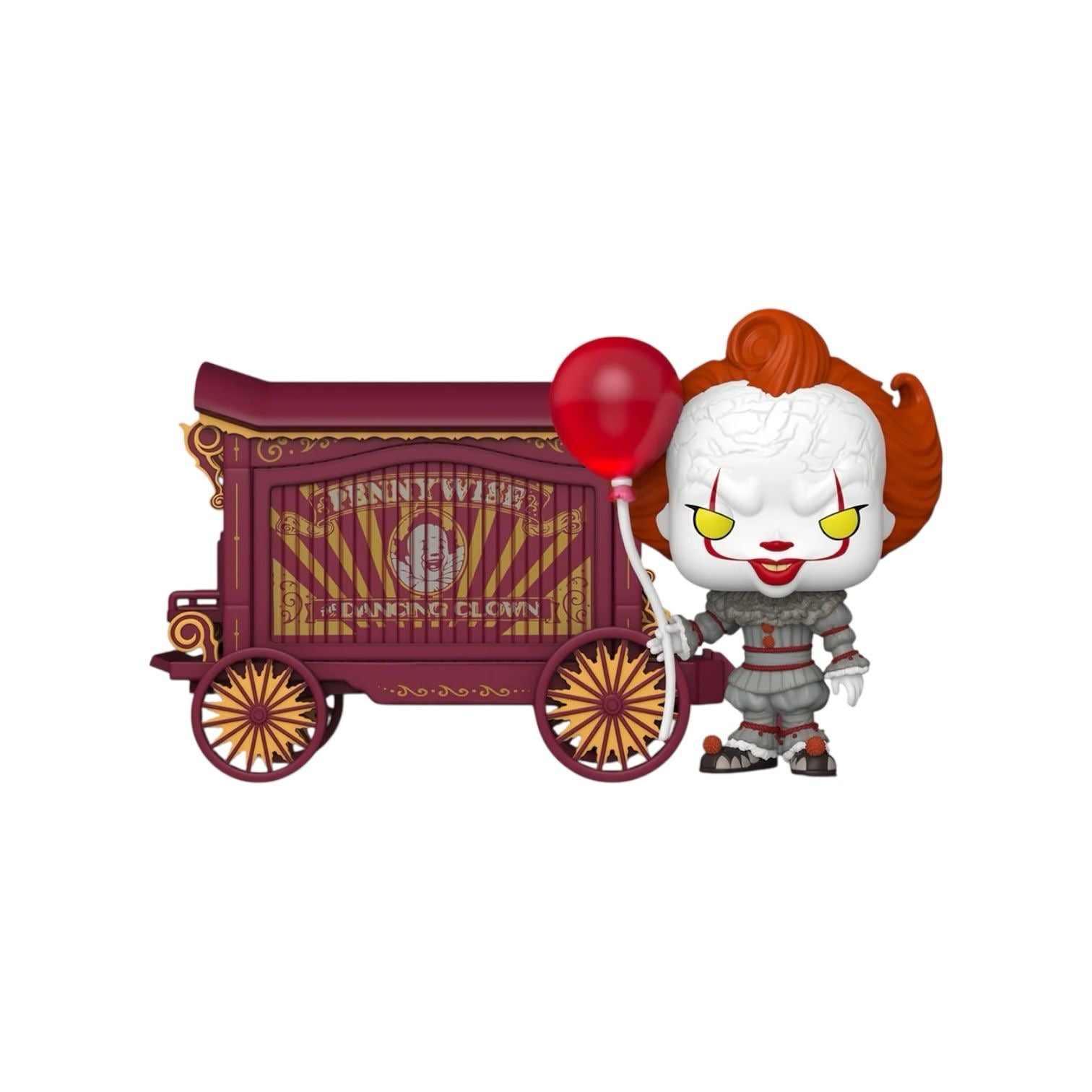 Figurine of a clown with a red balloon and a wagon on a white background