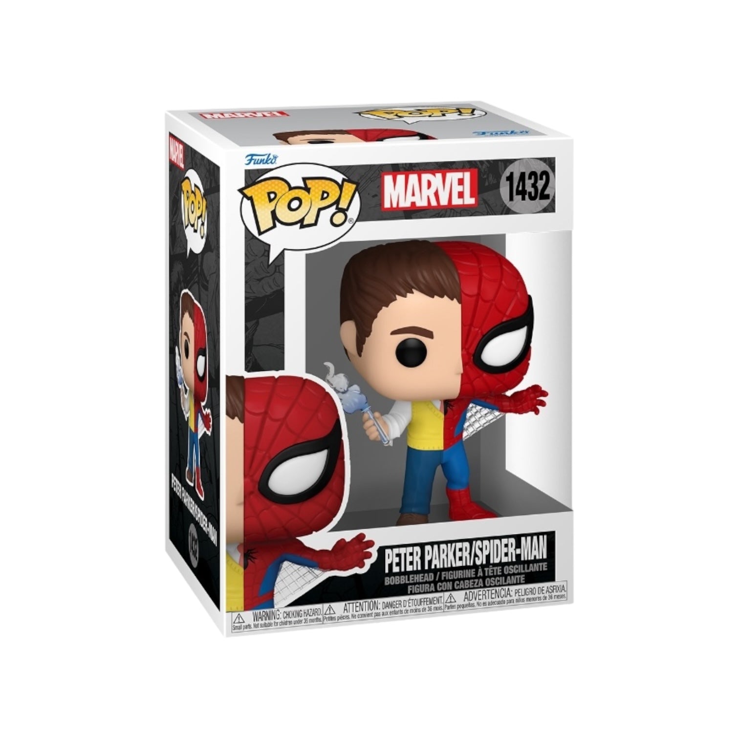 Funko Pop! of Peter Parker as Spider-Man, showcasing a split design with his superhero and civilian looks.