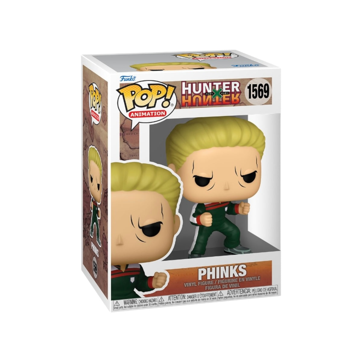 Phinks #1569 Funko Pop! collectible from Hunter X Hunter, depicting a character with striking green hair and a bold outfit.