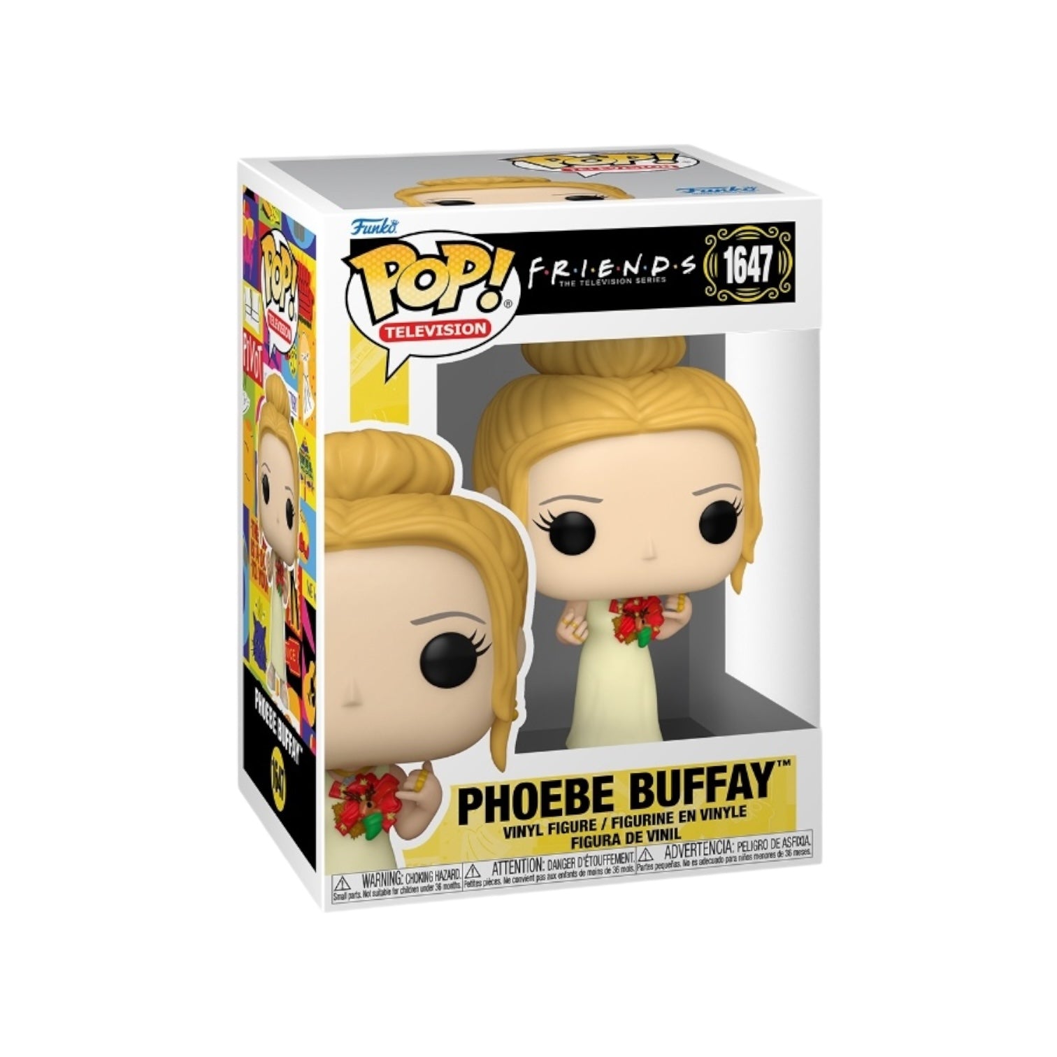 Phoebe Funko pop Wearing a Long yellow dress, with a large red Christmas bow on the left handsome of her chest, Displayed in her External Packaging