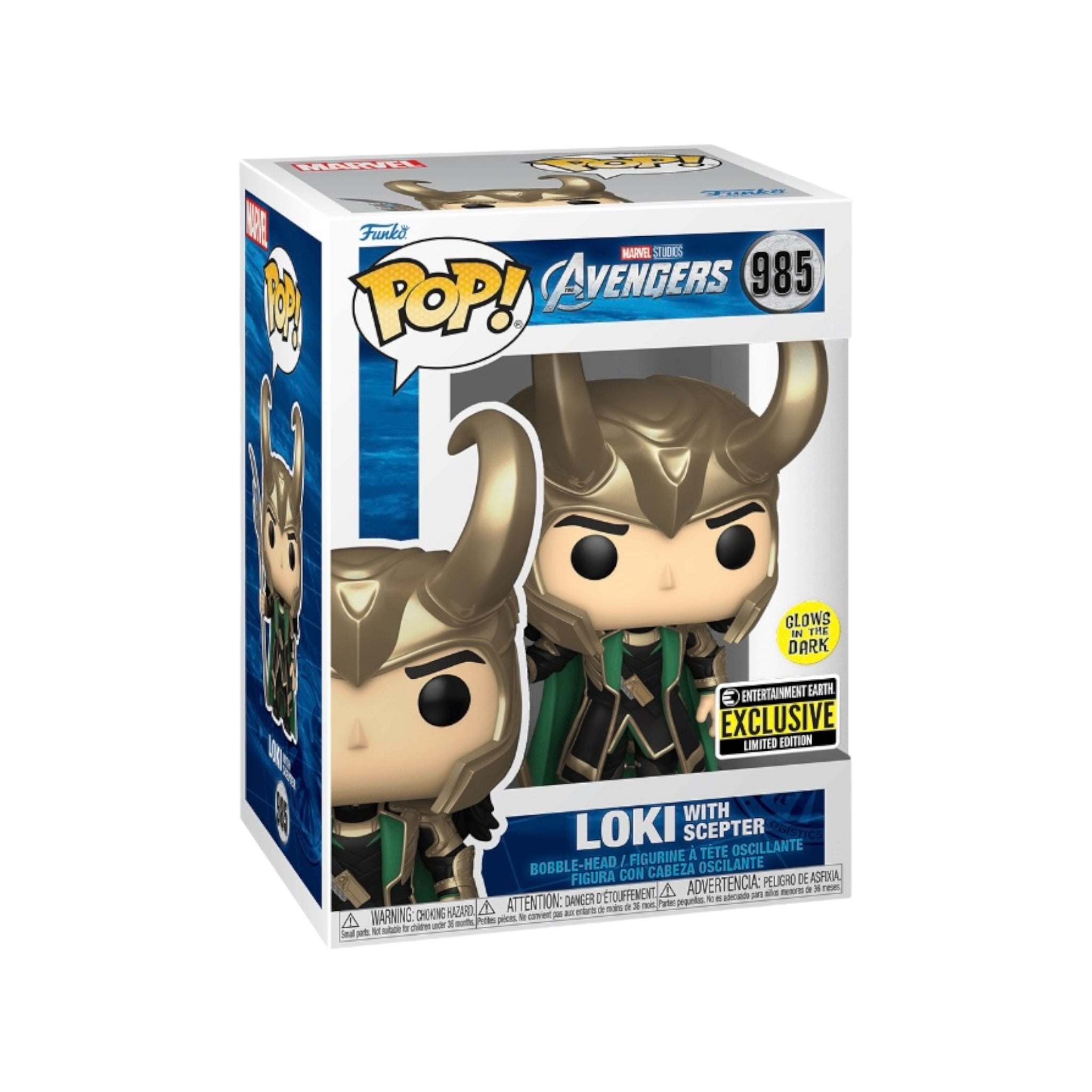 Loki with Scepter #985 (Glows in the Dark) Funko Pop! - The Avengers - Entertainment Earth Exclusive