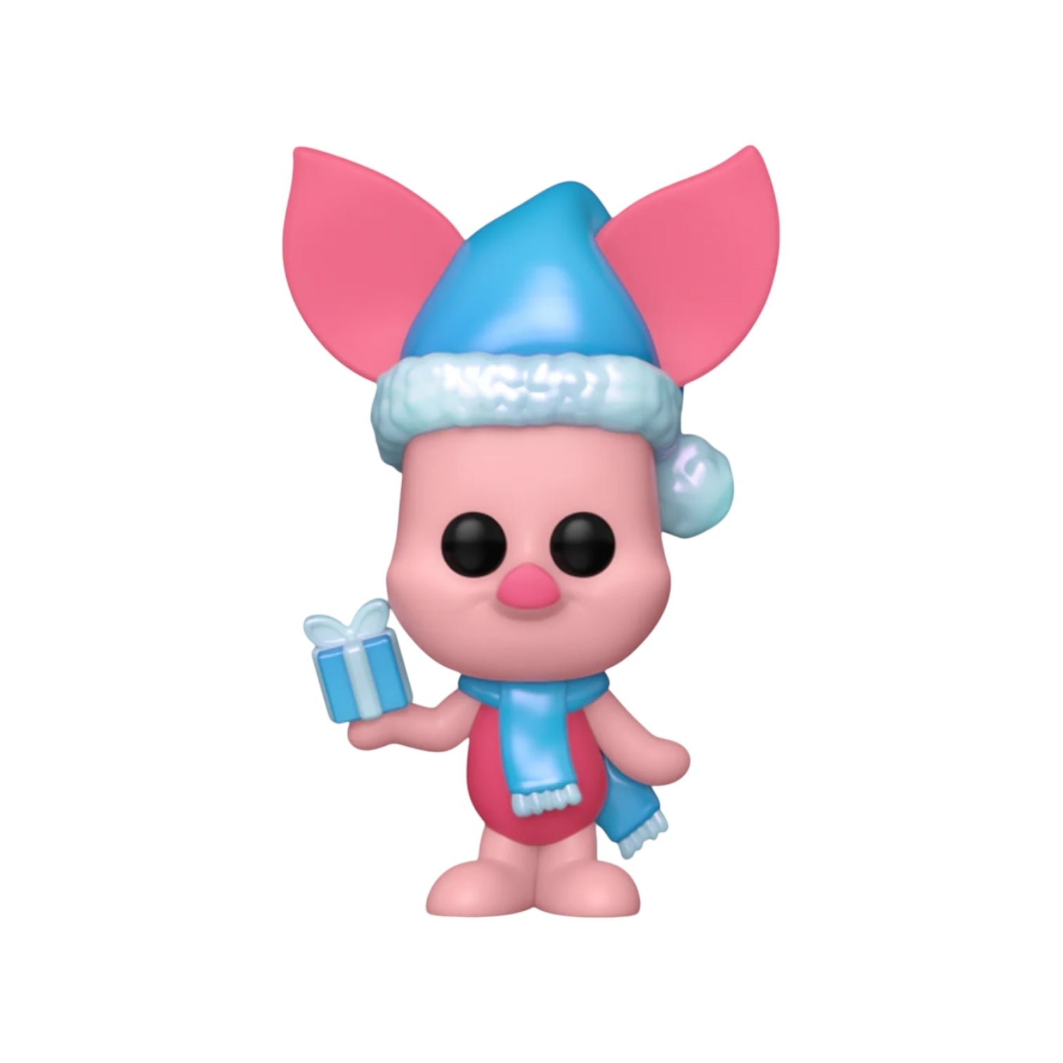 Pink cartoon character with a blue hat and scarf holding a gift on a white background