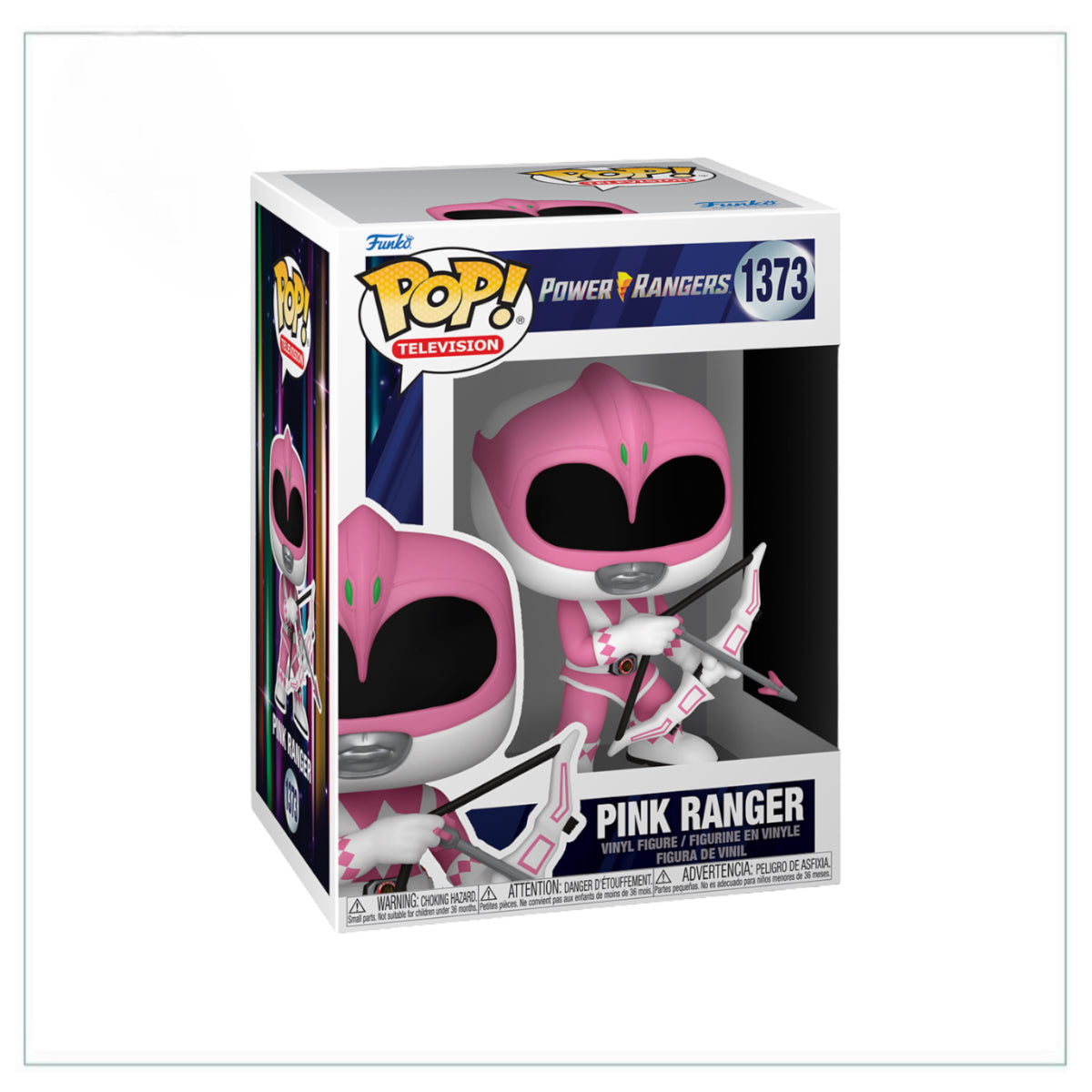 A Funko Pop! figure of the Pink Ranger from Power Rangers, featuring her iconic pink suit and helmet, standing proudly.