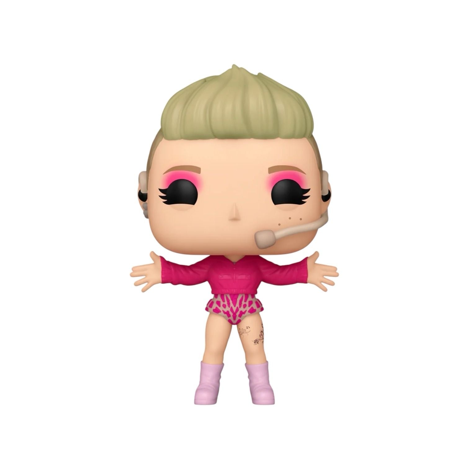 Pink all in pink, Shorts, top and shoes wearing a microphone headpiece ready to perform