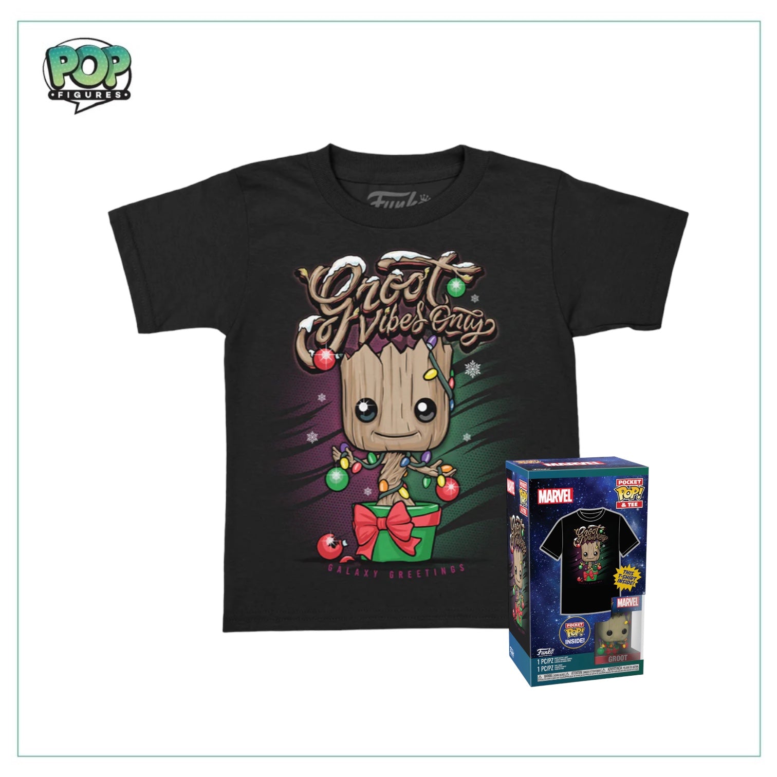Marvel's Pocket POP! and tee showcase Groot with "Vibes Only," perfect for fans who love this iconic character.