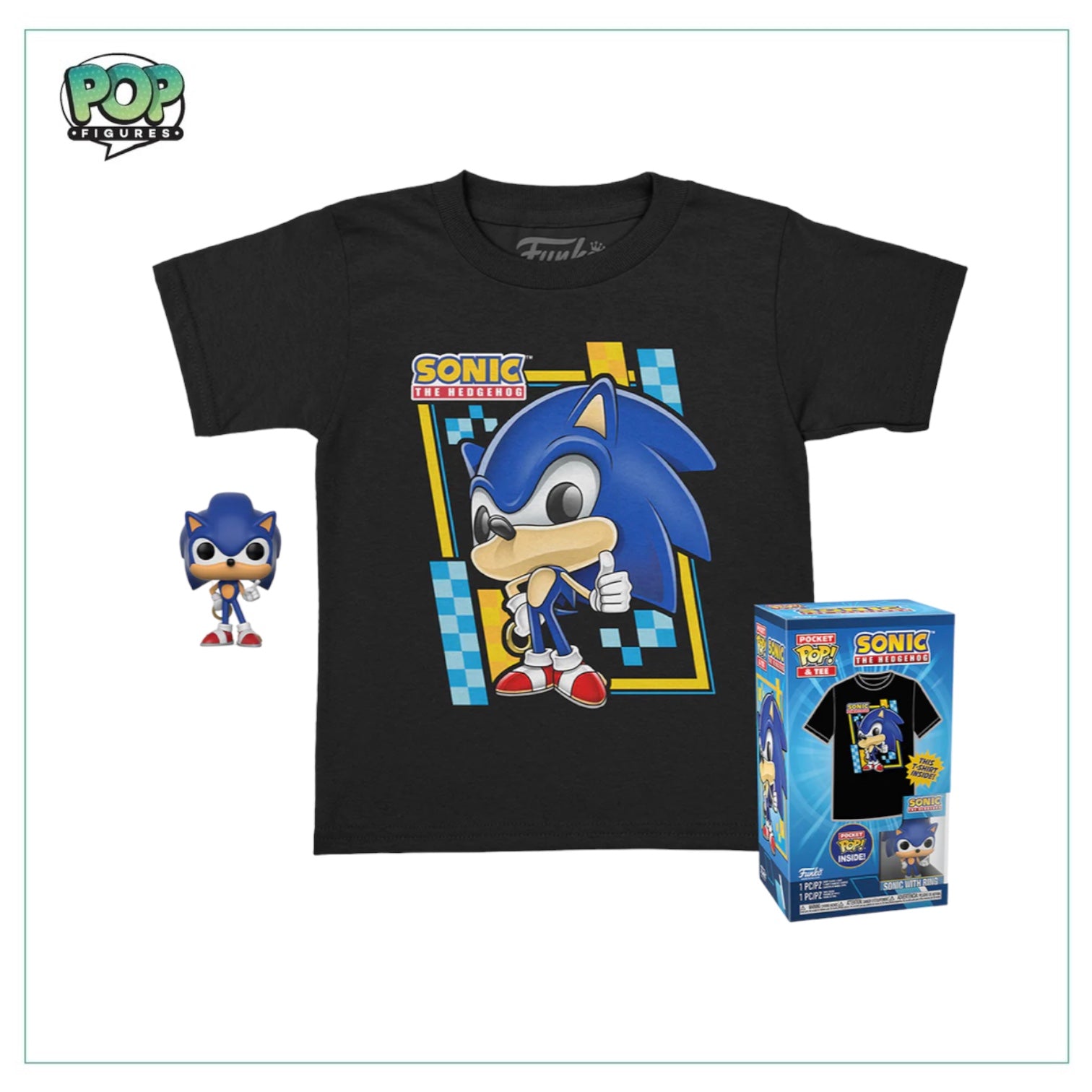 Sonic the Hedgehog Pocket Pop and Tee, depicting Sonic joyfully holding a ring, perfect for fans of the franchise.