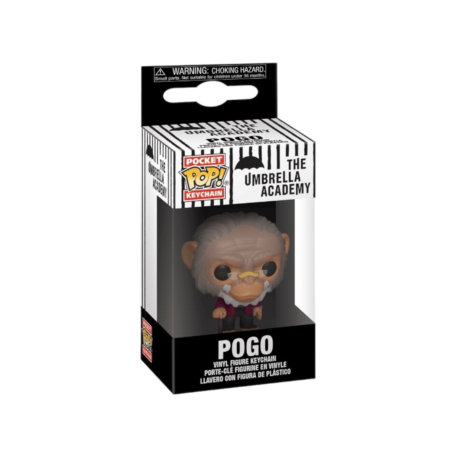 Pogo keychain from The Umbrella Academy, a mini Funko Pop figure that captures the adorable character perfectly.