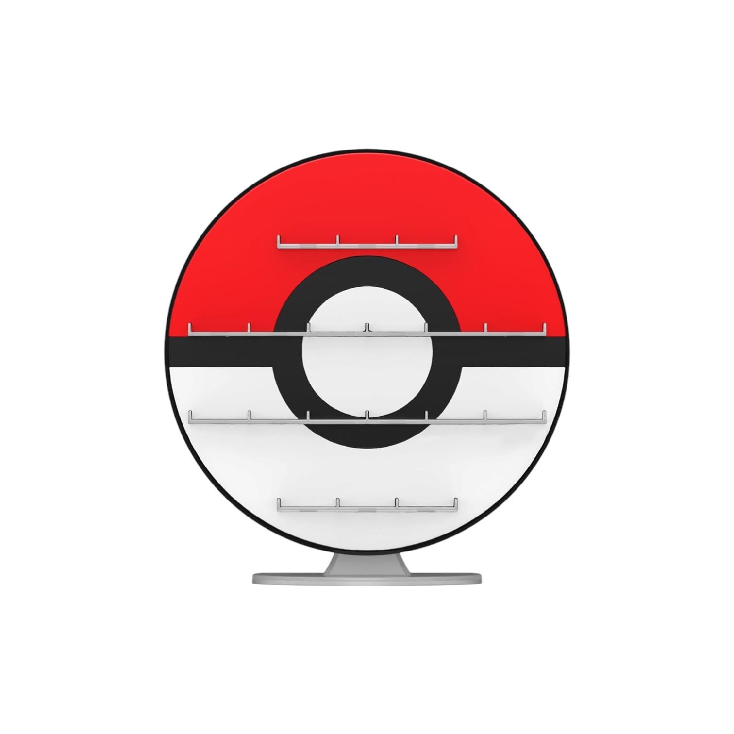 Circular display stand with a red, black, and white design on a white background