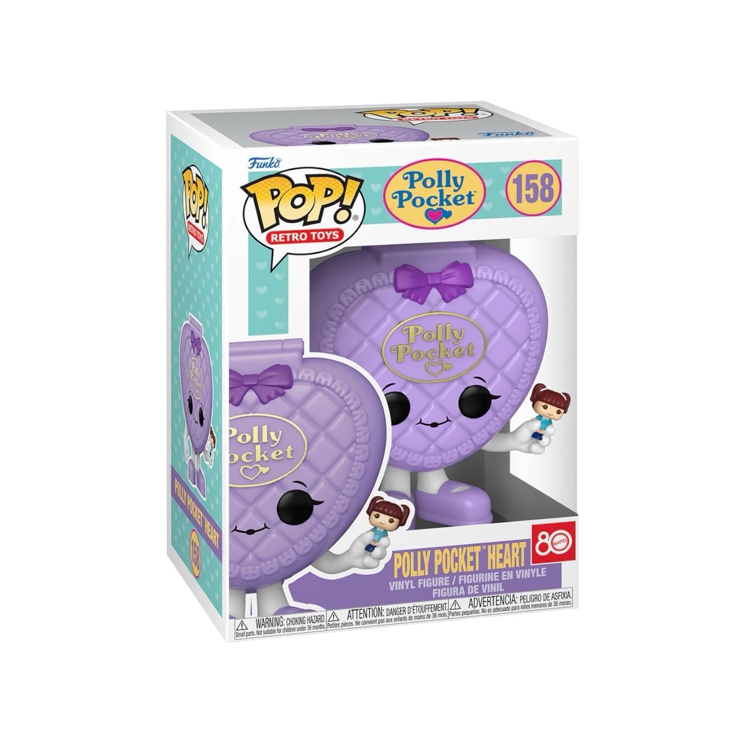 Polly Pocket™ Heart! Celebrate the 80th Anniversary of Mattel® by welcoming this purple compact-inspired collectible to your Retro Toys lineup! Vinyl figure is approximately 4 in (10.2 cm) tall.