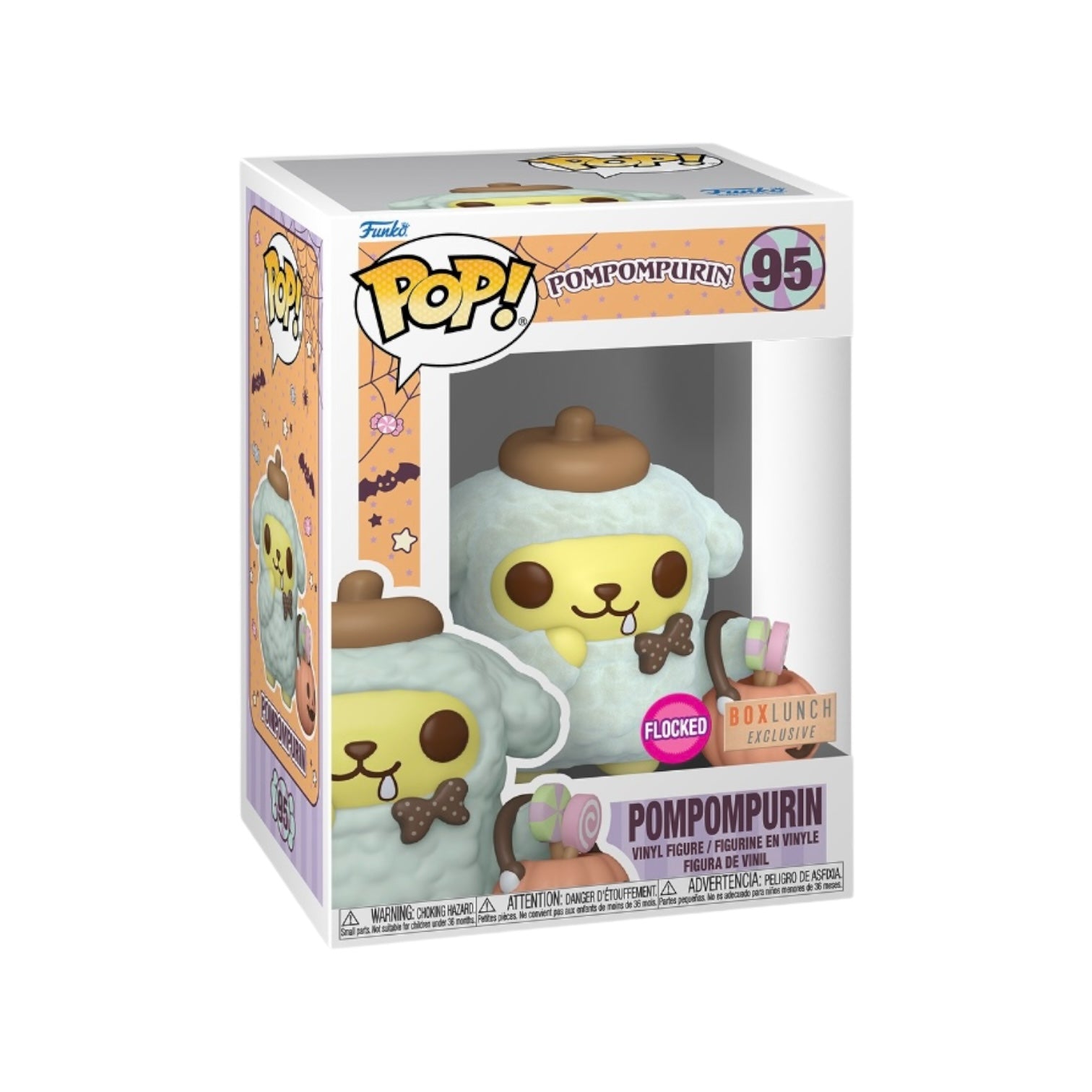 Flocked Pompompurin #95 Funko Pop! from Sanrio, exclusive to BoxLunch, featuring the adorable yellow dog character.