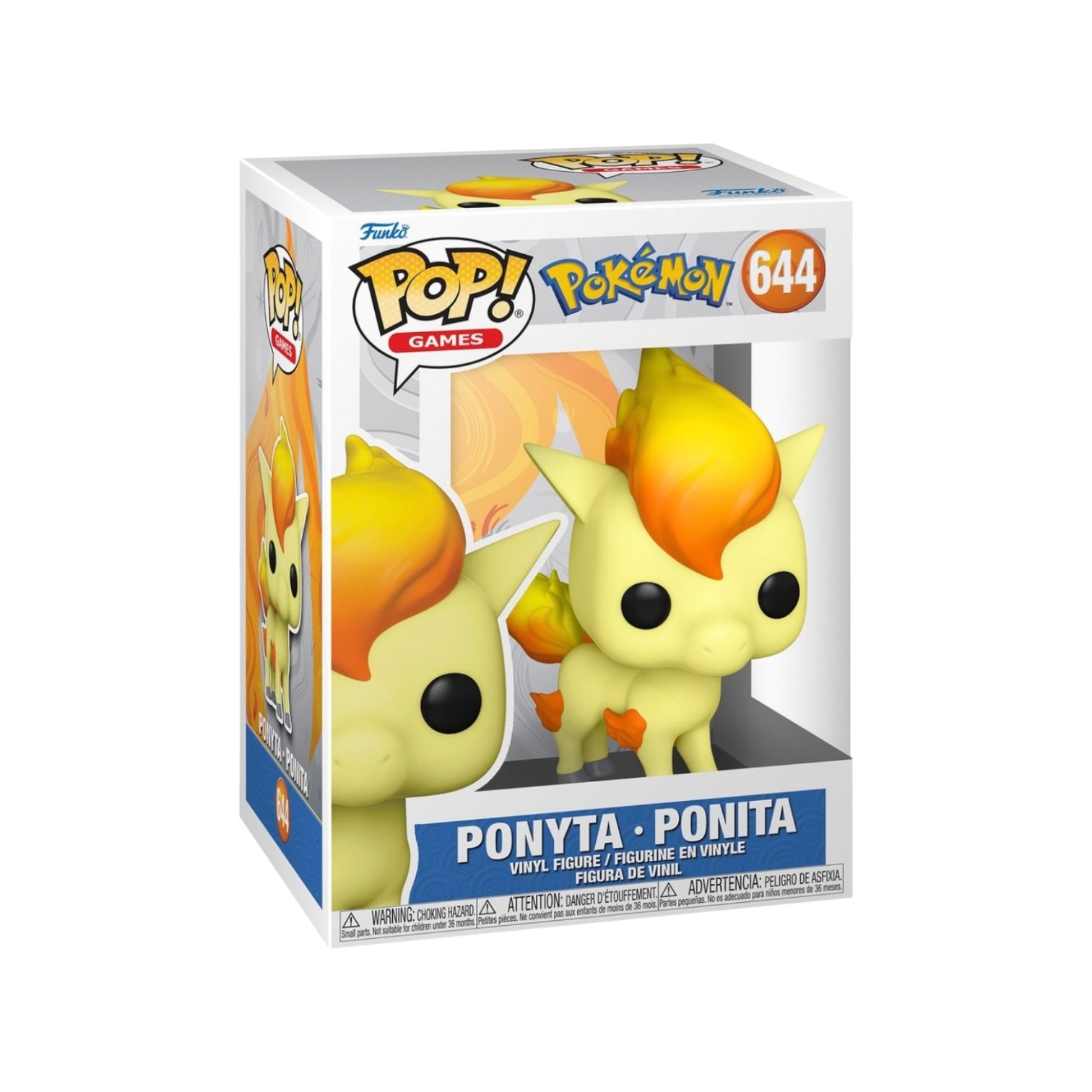 Funko Pop! figure of Ponyta #644 from Pokémon, featuring its signature fiery mane and tail in a collectible design.