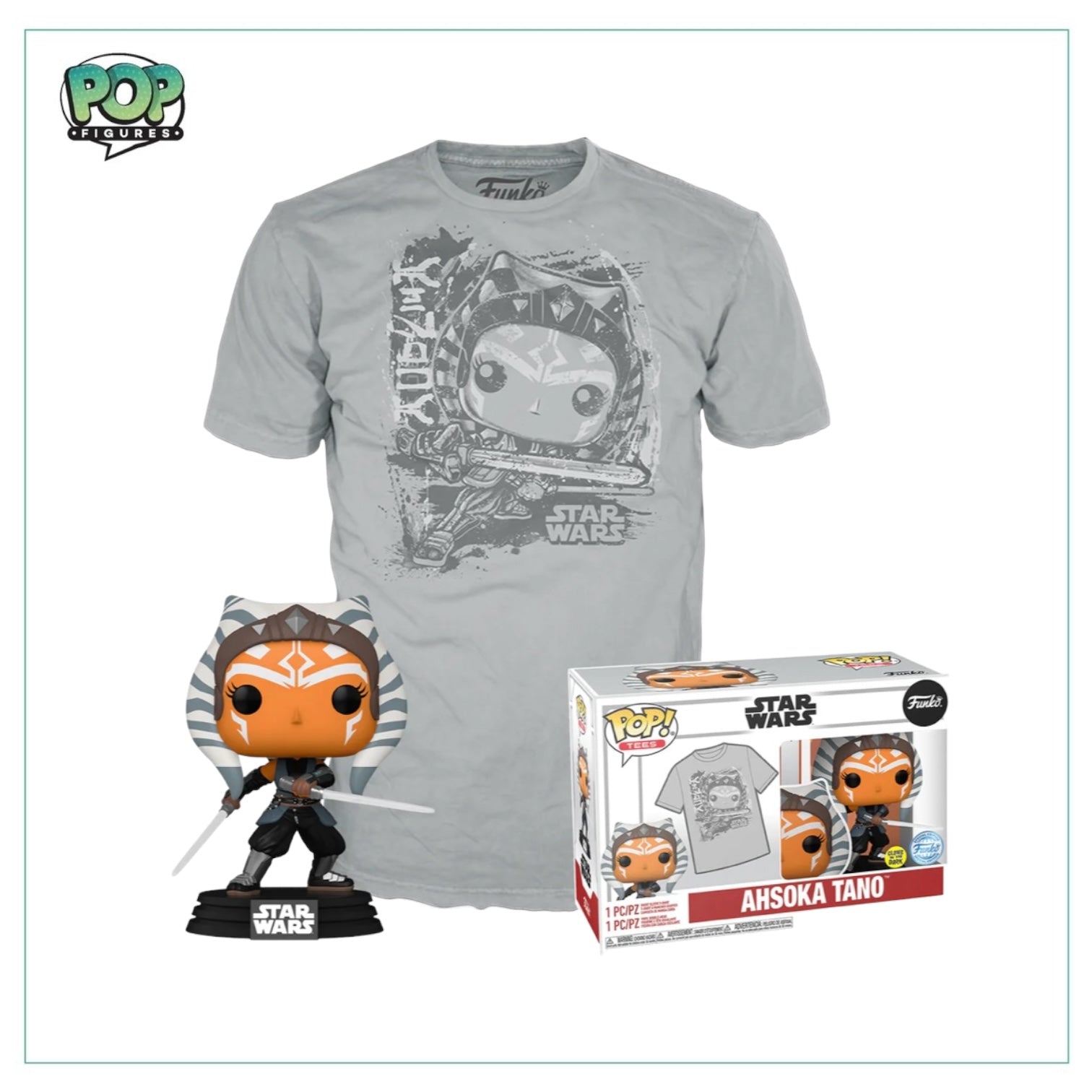 Glow-in-the-dark Ahsoka Tano Funko T-Shirt and Pop figure, showcasing iconic Star Wars character for collectors and enthusiasts.