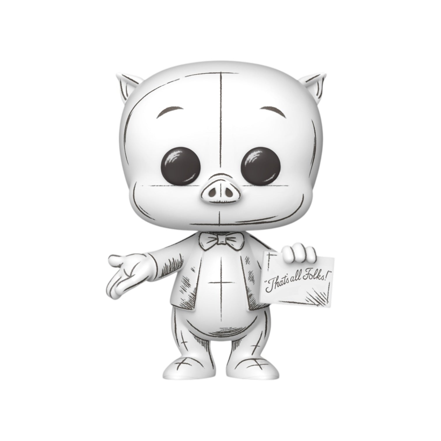 Pig figurine in a tuxedo with a sign on a white background