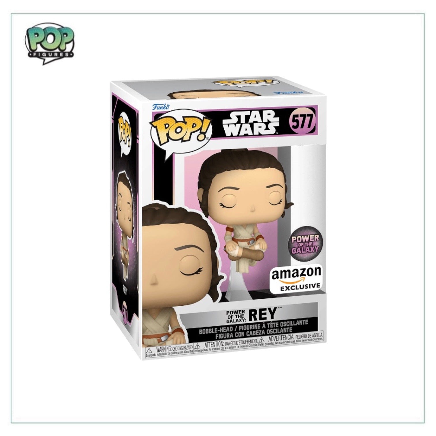 Funko Pop! of Rey from Star Wars, #577, showcasing her strength and spirit, an Amazon Exclusive collectible figure.