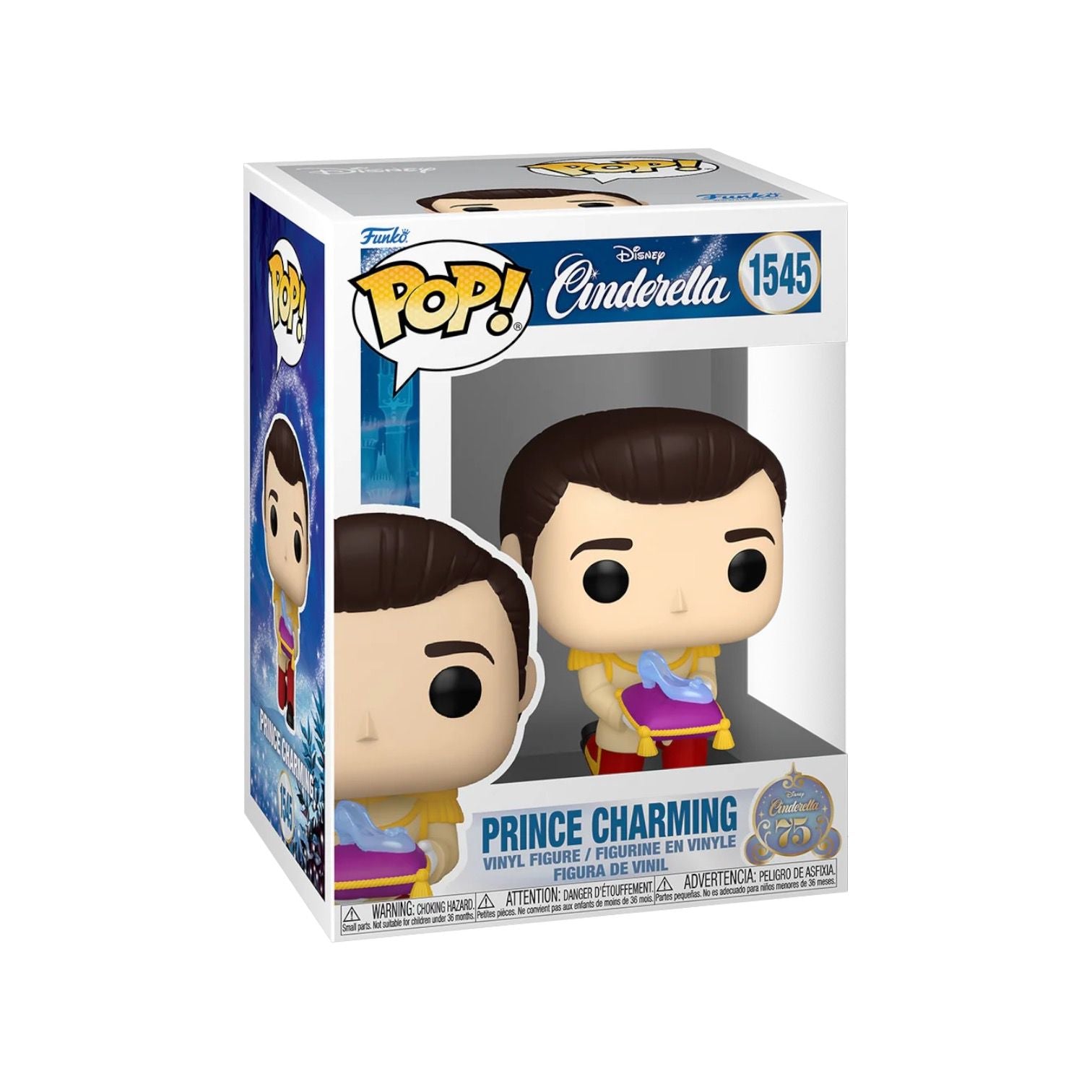 Prince Charming holding a purple pillow with gold trim balancing a glass slipper on the the top