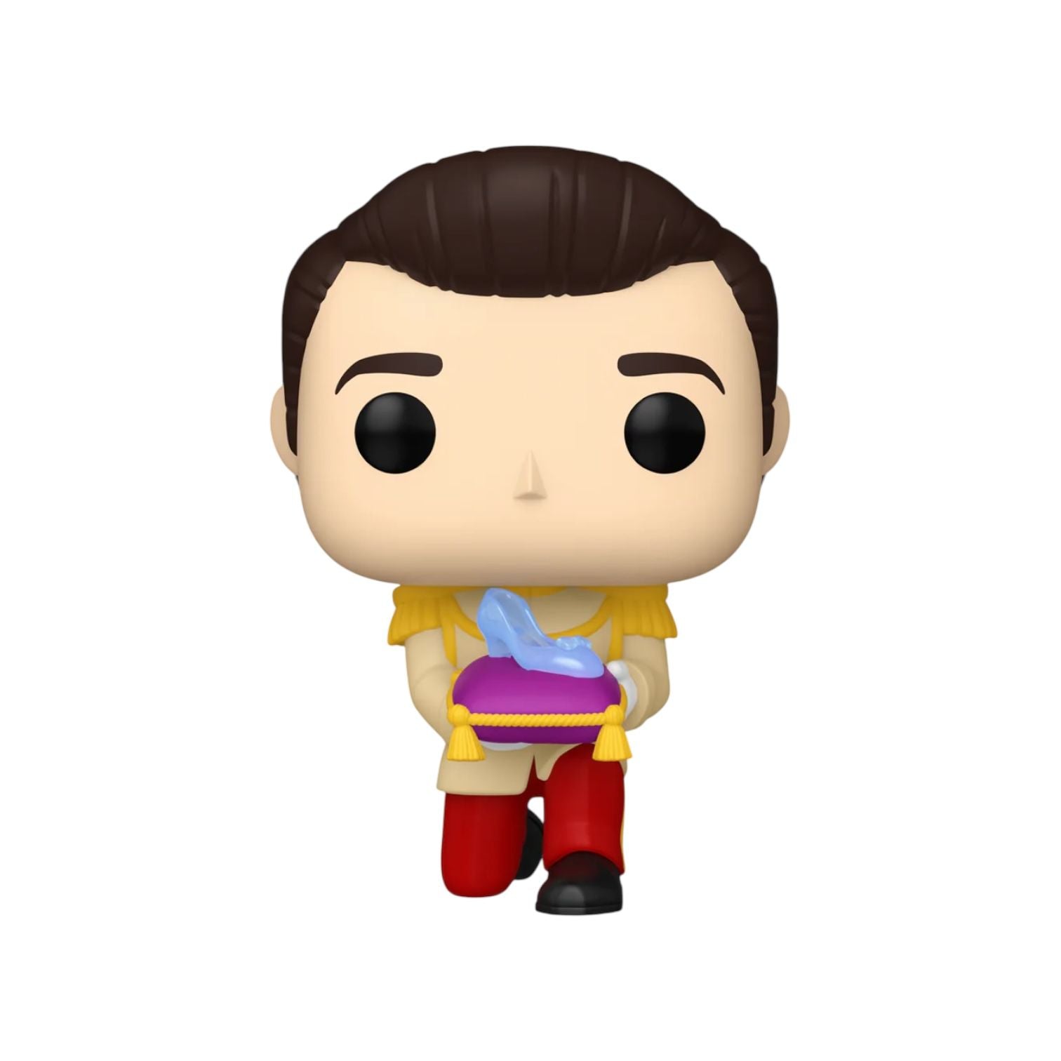 Prince Charming holding a purple pillow with gold trim balancing a glass slipper on the the top