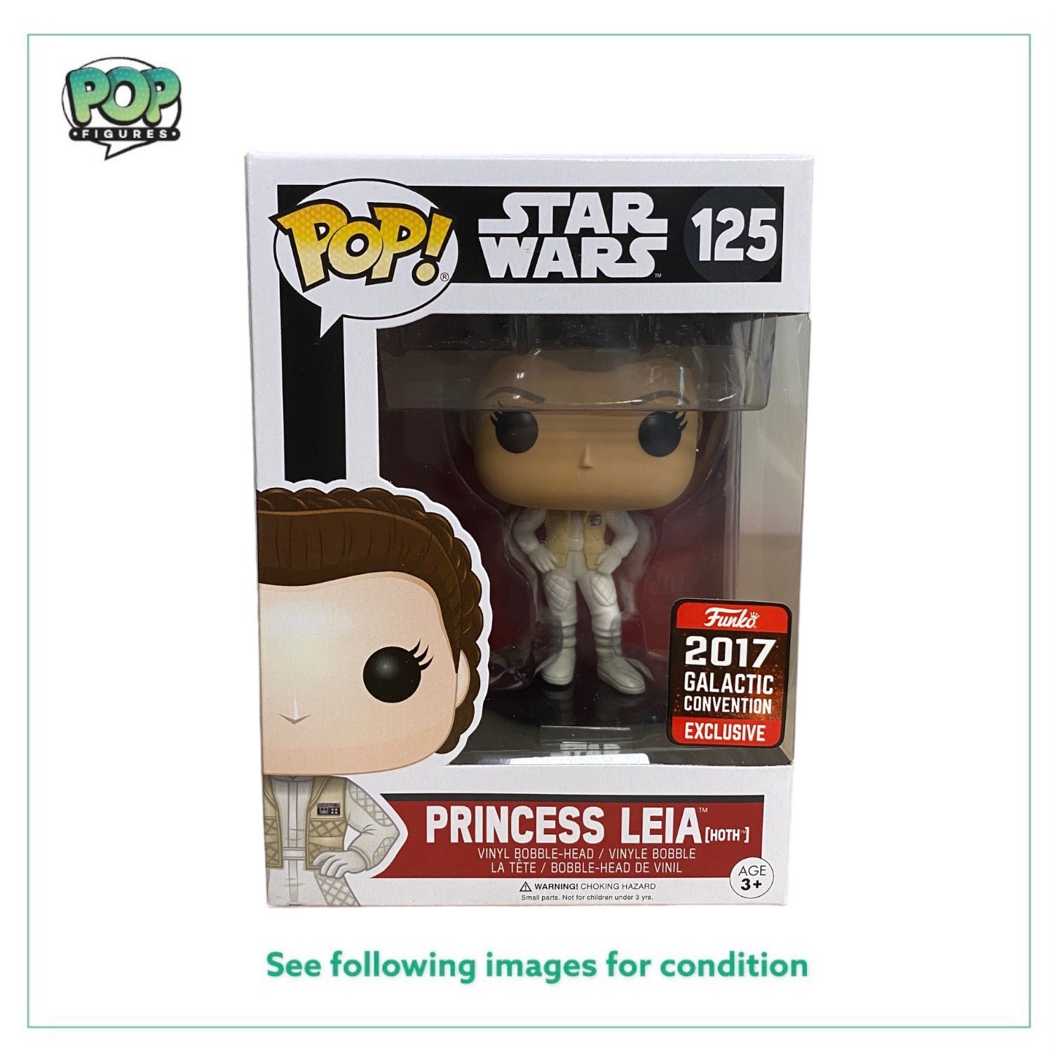Princess Leia in Hoth gear Funko Pop! from 2017 Galactic Convention, rated 8.75/10, perfect for Star Wars collectors.