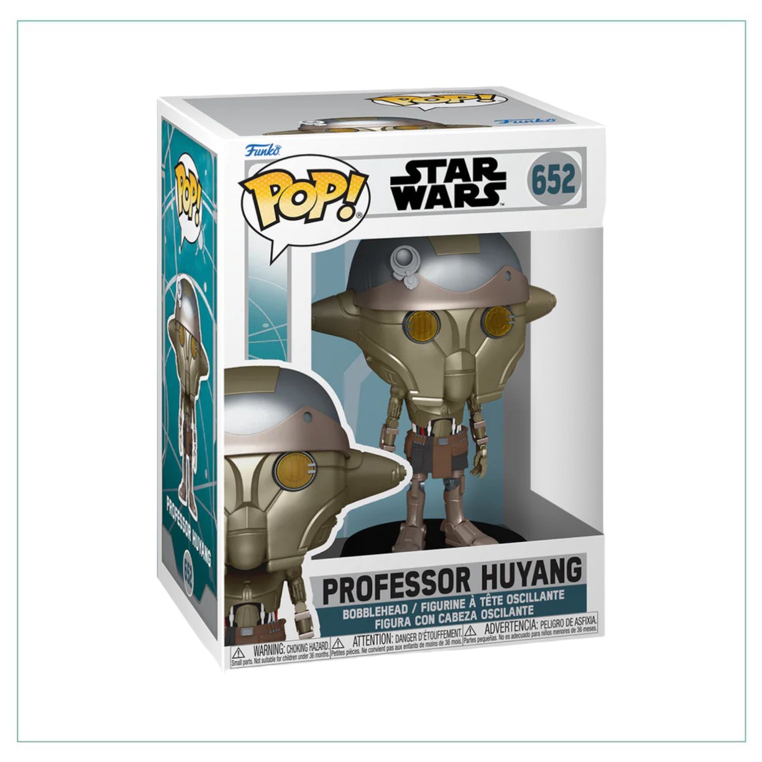 A collectible Funko Pop! of Professor Huyang #652 from Ahsoka, featuring his distinctive look and playful expression.