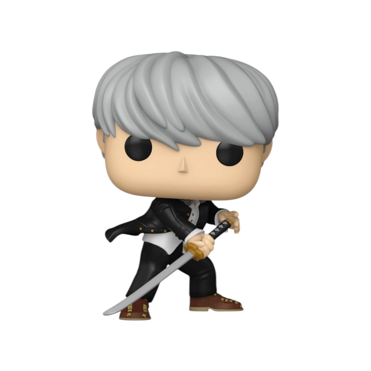 Funko Pop! vinyl figure with gray hair and a sword on a white background