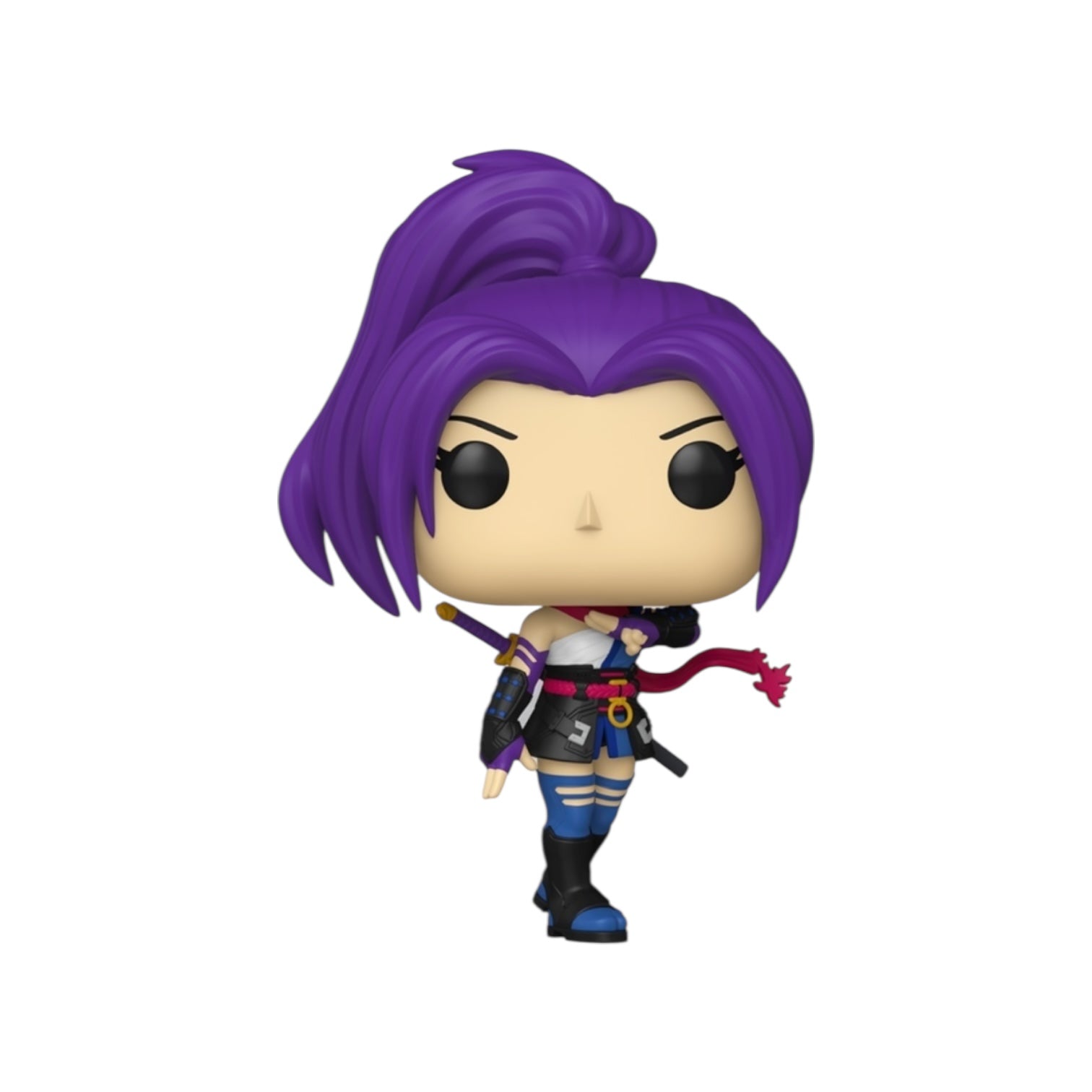 Funko Pop! vinyl figure with purple hair and black outfit on a white background