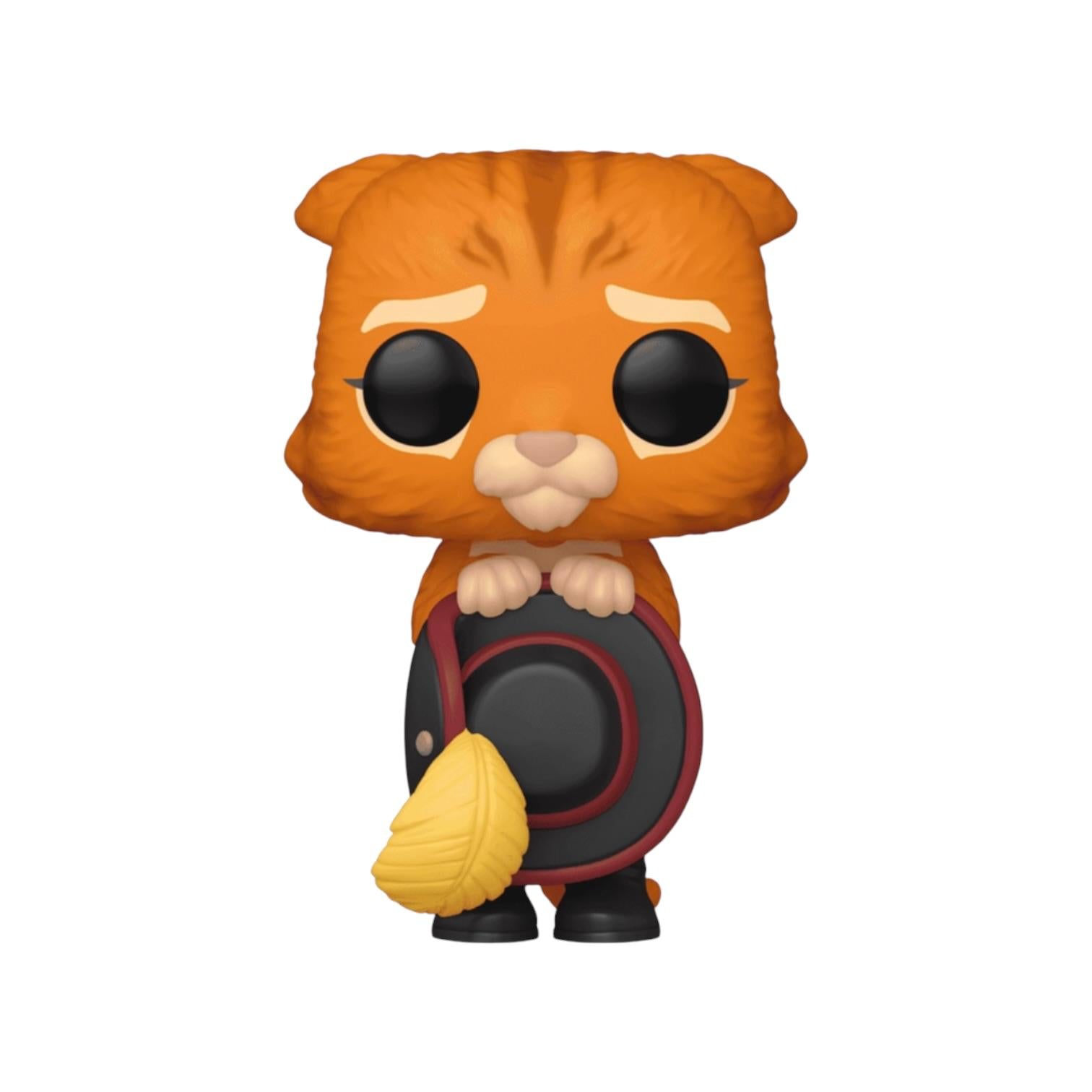 Funko Pop! vinyl figure of a sad orange tabby cat holding a black and red hat and a yellow scarf, on a plain white background.