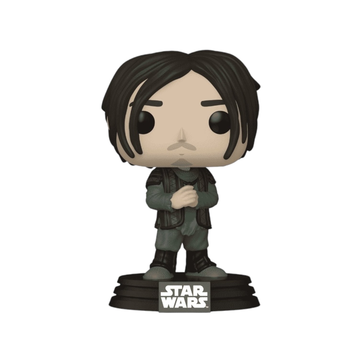 Qimir a Star Wars Character wearing grey trousers and long sleeve shirt with a brown sleeveless over top