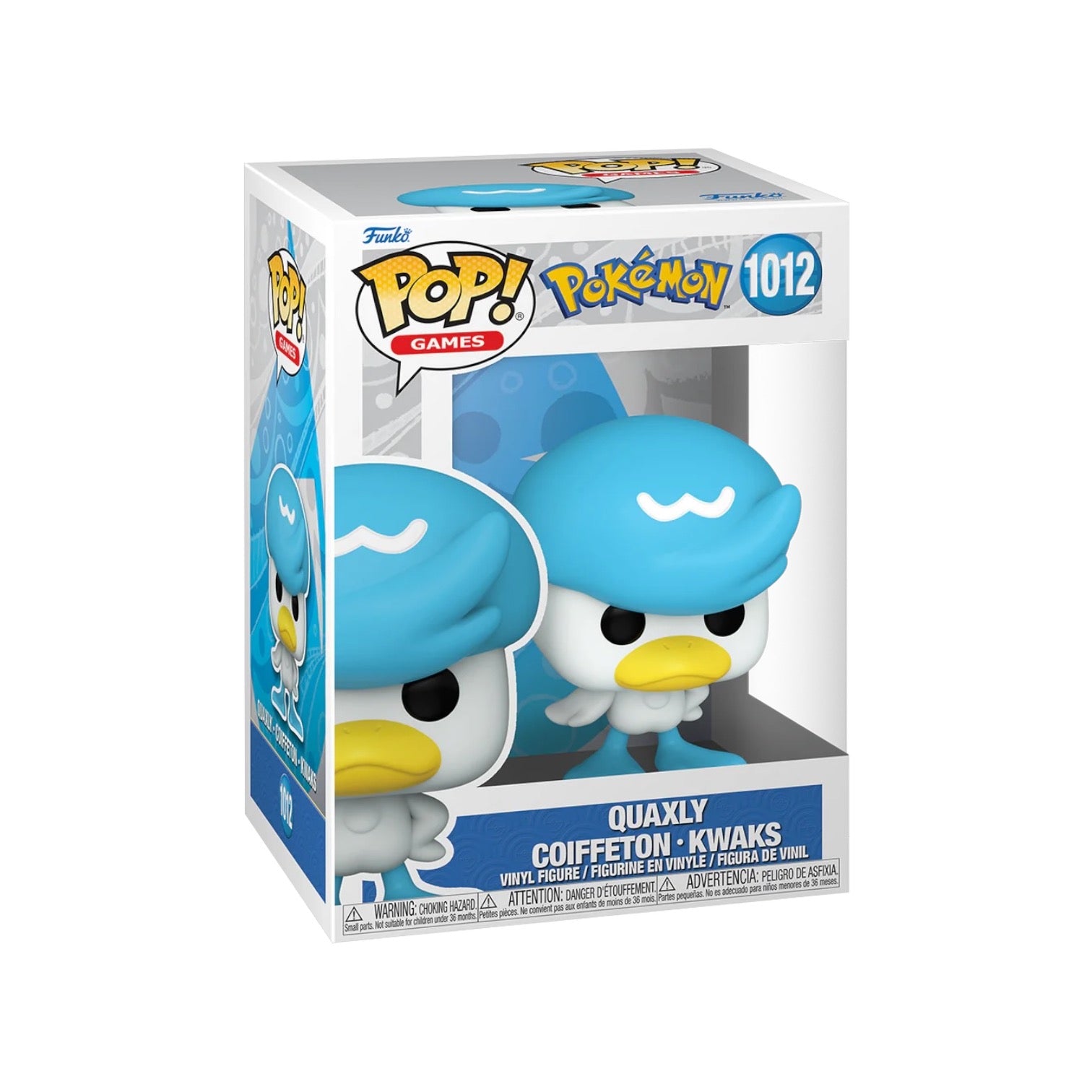 Quaxly #1012 Funko Pop! figure from Pokémon, featuring a cute blue bird character with a cheerful expression.