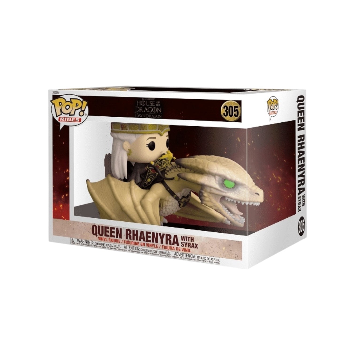 Queen Rhaenyra wearing her crown sitting on Syrax