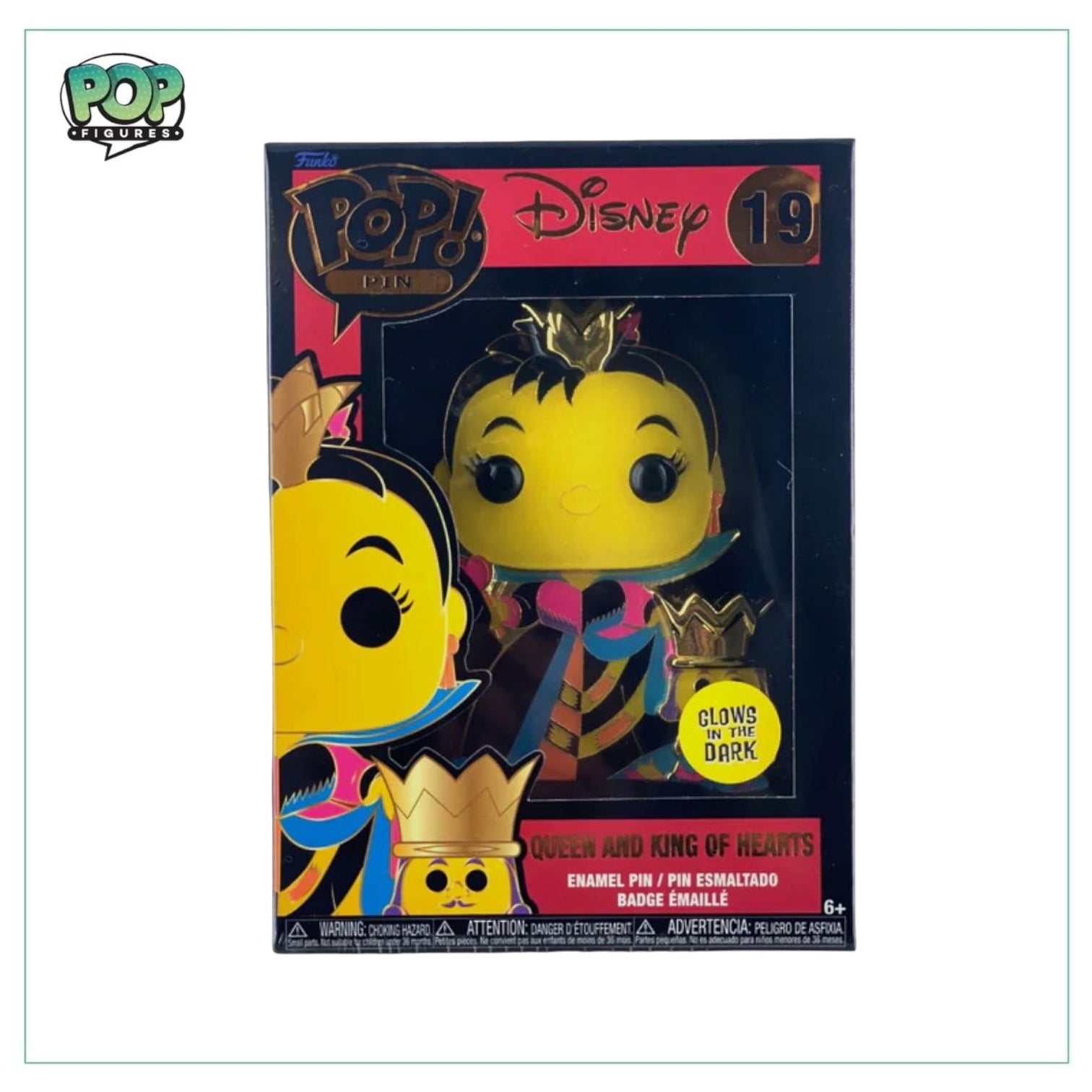 Enamel Pop! Pin of the Queen and King of Hearts from Alice in Wonderland, featuring a glow-in-the-dark design.