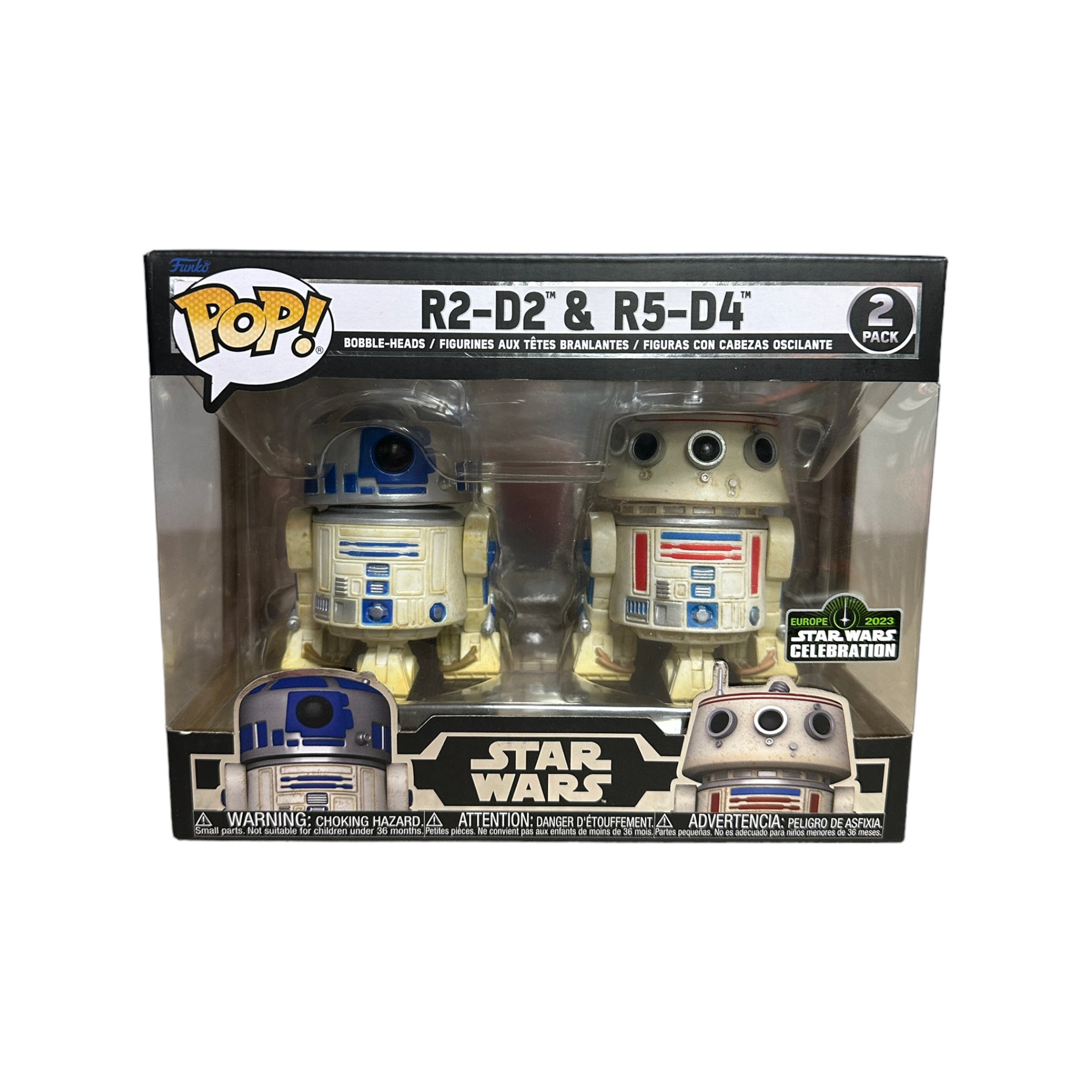 Exclusive 2-pack of R2-D2 and R5-D4 Funko Pops from Star Wars Celebration Europe 2023, rated 9.5/10 condition.