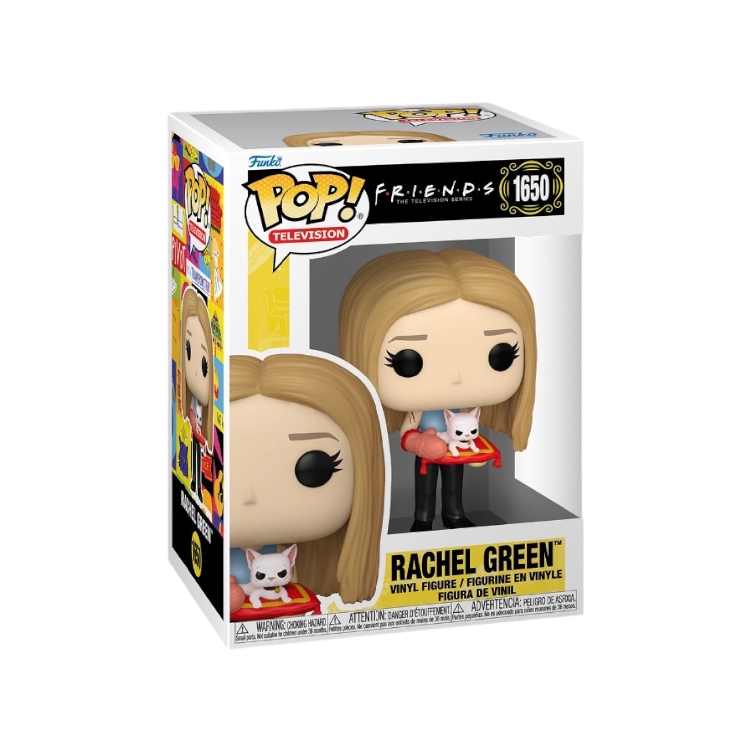 Rachel Green Funko pop, wearing black pants with a blue top with 2 bleeding scratches on the top of her right arm, holding a cat on a cushion wearing oven gloves. Displayed in the external packaging